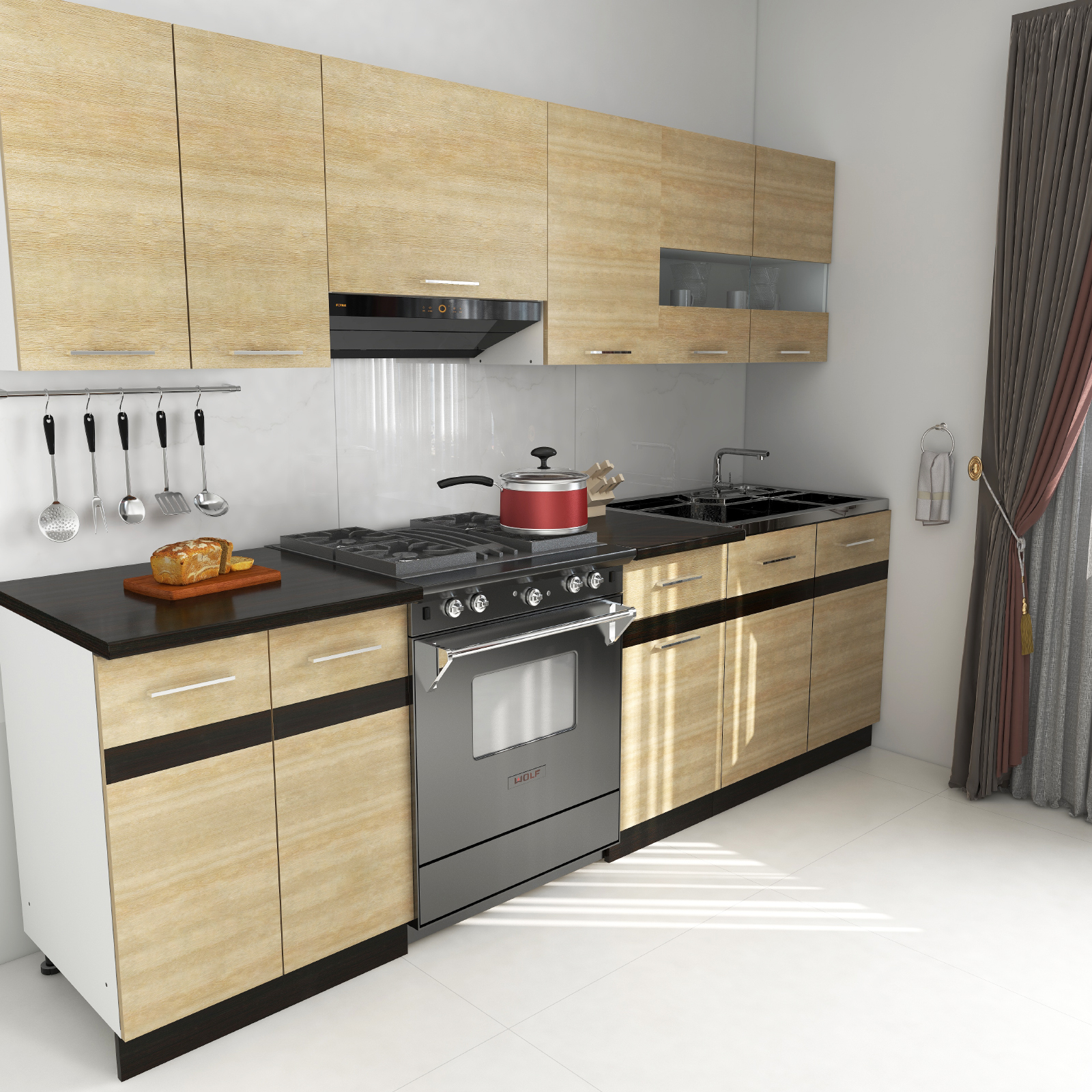 Bucătării - Set Bucatarie YANA, L 240, 7 corpuri, blat termorezistent, corp alb, fronturi sonoma deschis + inchis