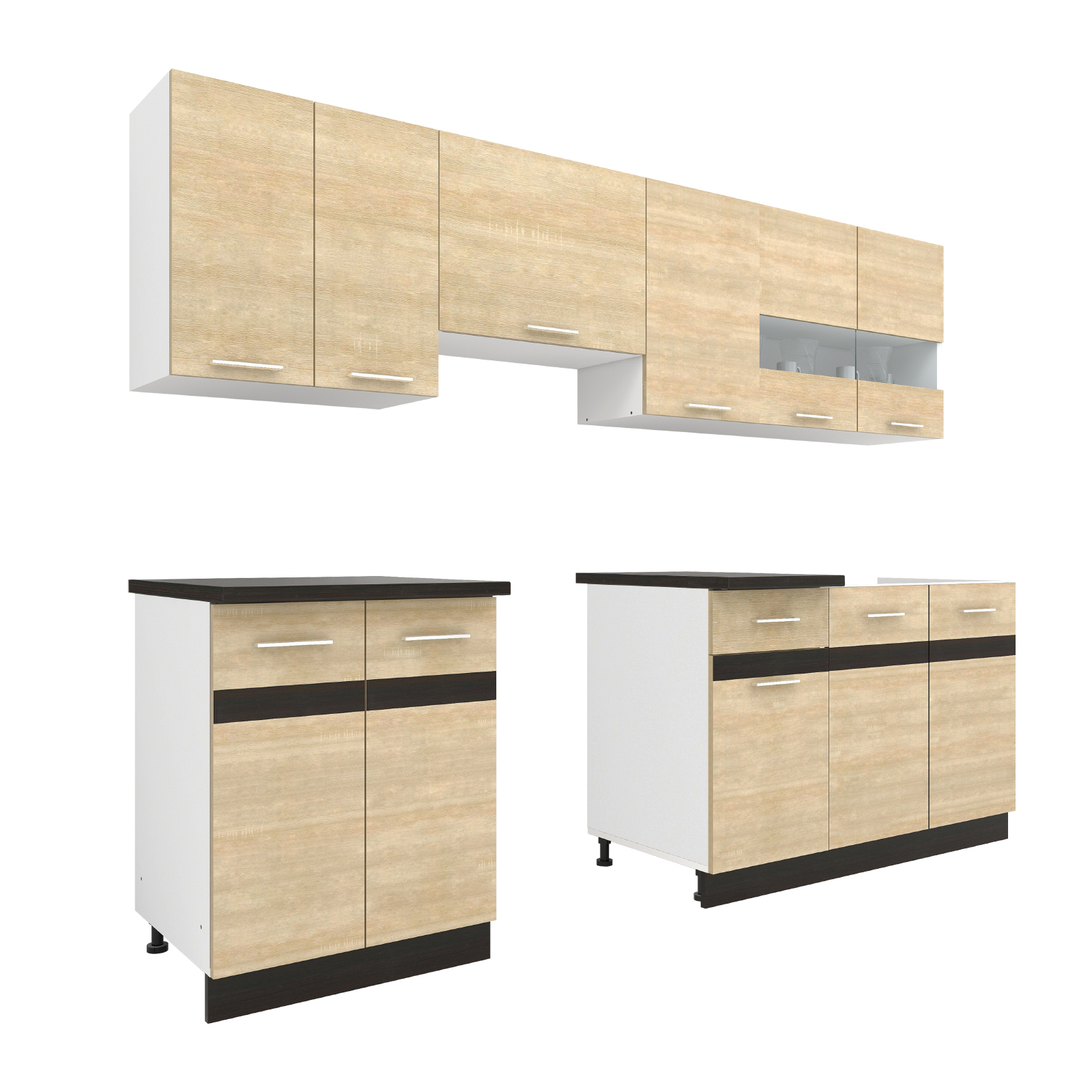 Bucătării - Set Bucatarie YANA, L 240, 7 corpuri, blat termorezistent, corp alb, fronturi sonoma deschis + inchis