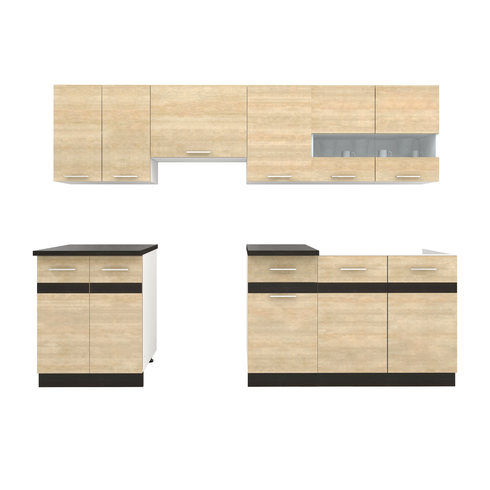 Bucătării - Set Bucatarie YANA, L 240, 7 corpuri, blat termorezistent, corp alb, fronturi sonoma deschis + inchis