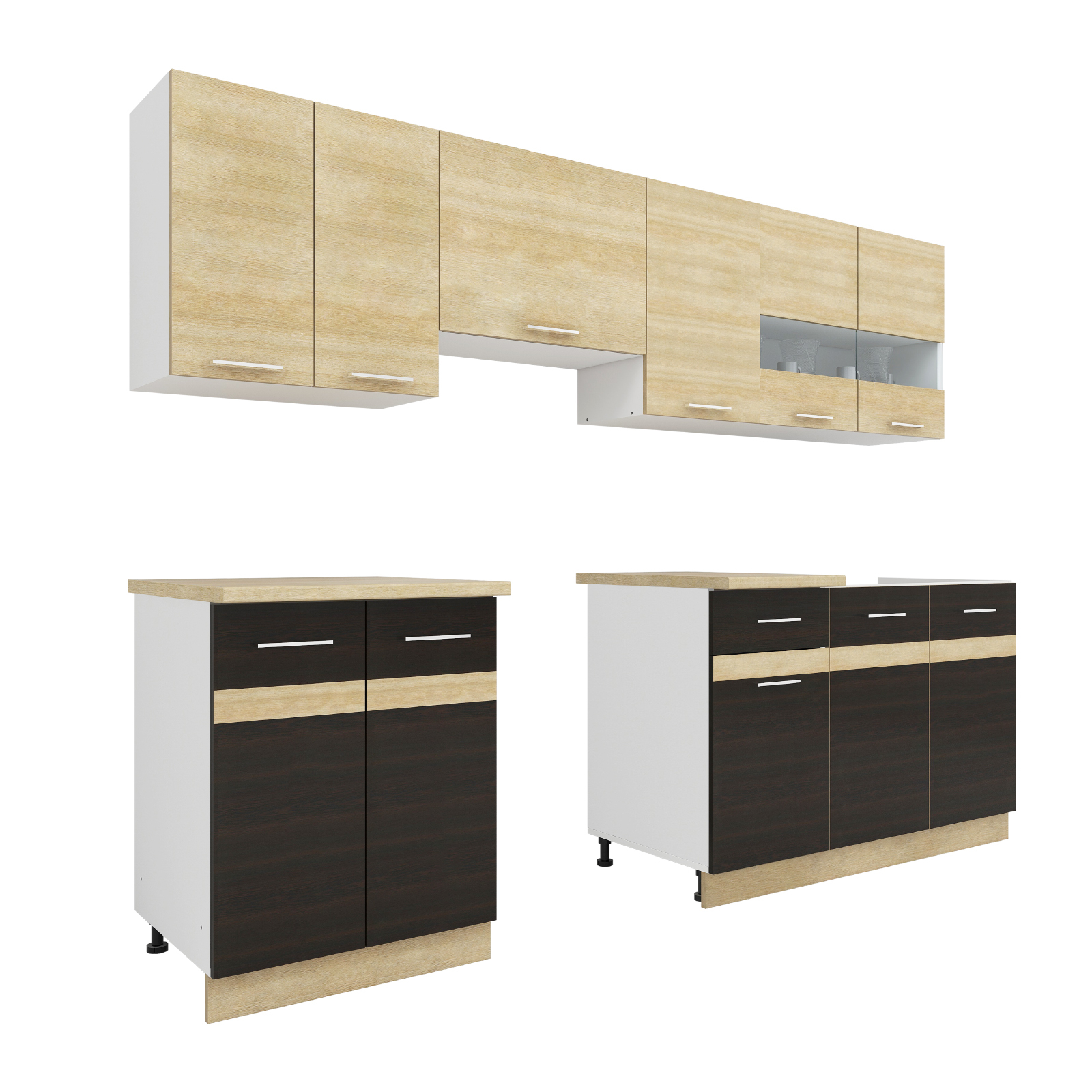 Bucătării - Set Bucatarie YANA, L 240, 7 corpuri, blat termorezistent, corp alb, fronturi sonoma inchis + deschis