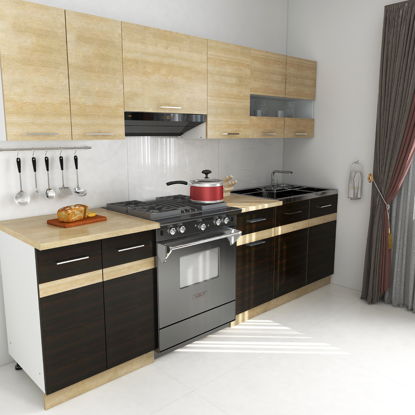 Bucătării - Set Bucatarie YANA, L 240, 7 corpuri, blat termorezistent, corp alb, fronturi sonoma inchis + deschis