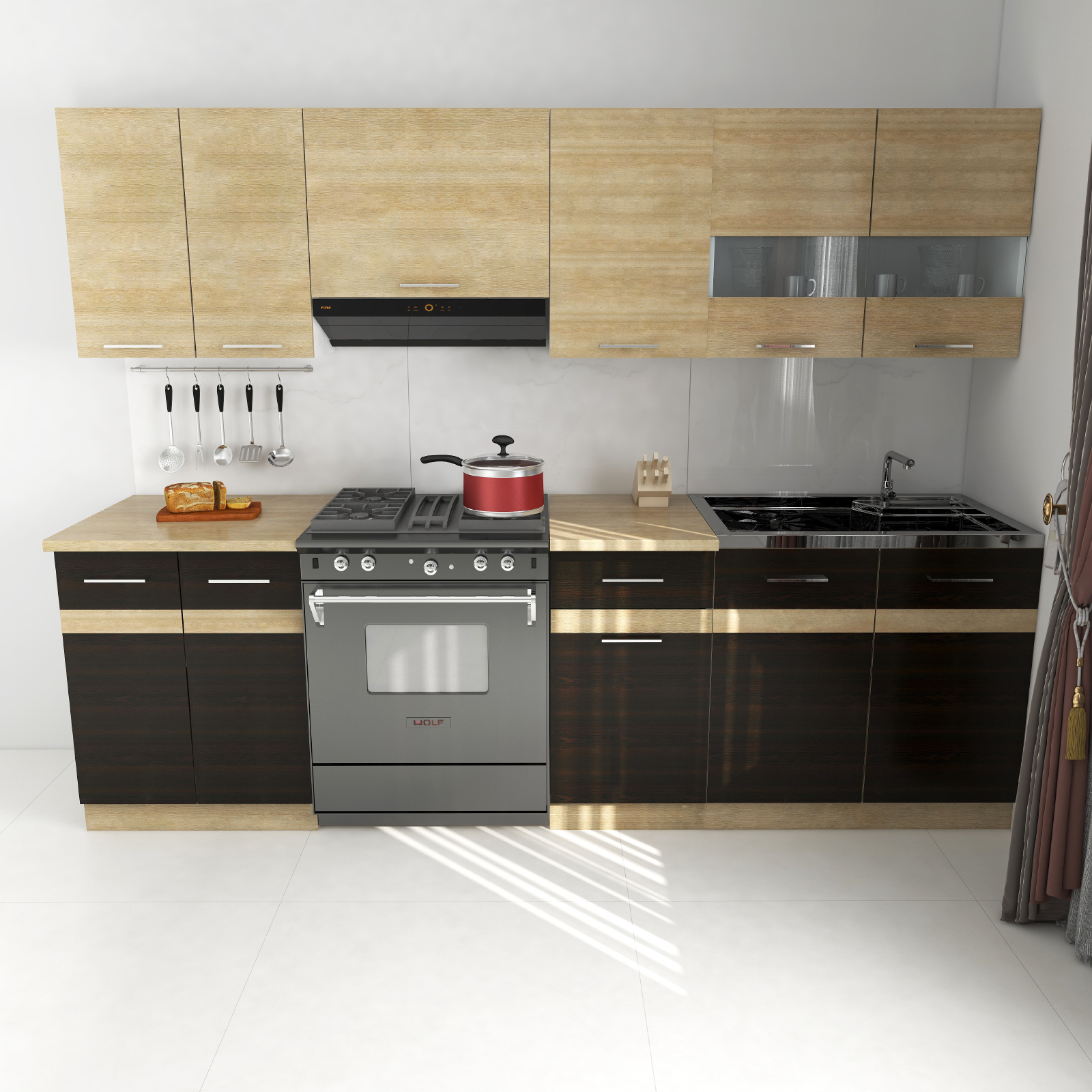 Bucătării - Set Bucatarie YANA, L 240, 7 corpuri, blat termorezistent, corp alb, fronturi sonoma inchis + deschis