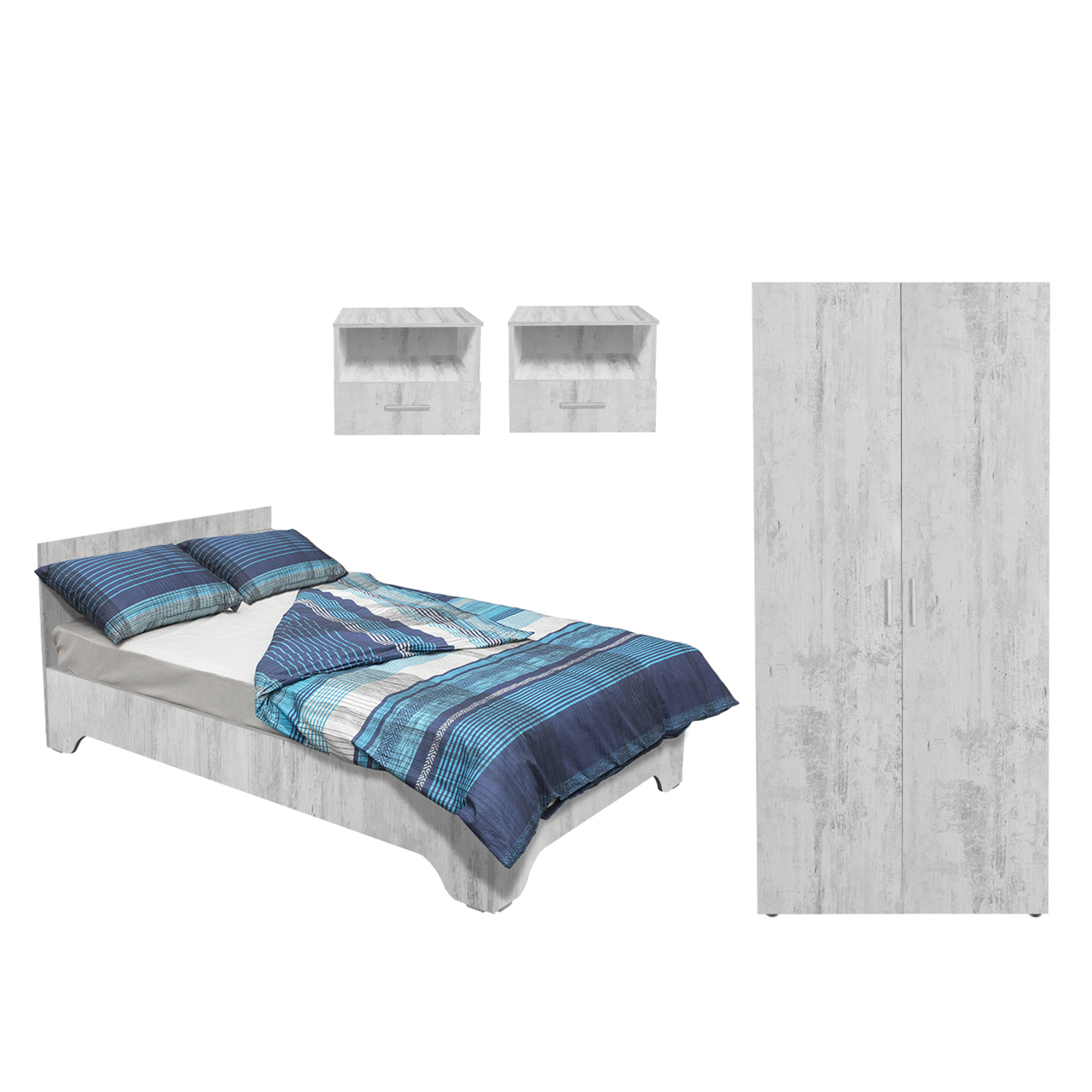 Dormitoare - Set dormitor ALMA, 4 piese, pat 120x200 cm, dulap 2 usi, 2 noptiere, pin antichizat