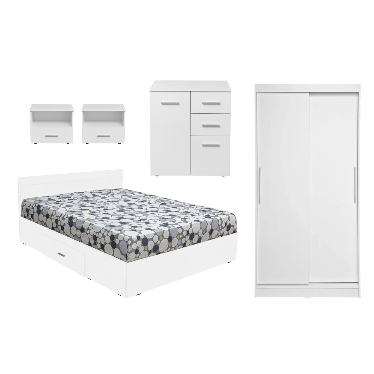 Dormitoare - Set dormitor ALMA, 5 piese, pat 160x200 cm, dulap usi glisante, comoda, 2 noptiere, alb