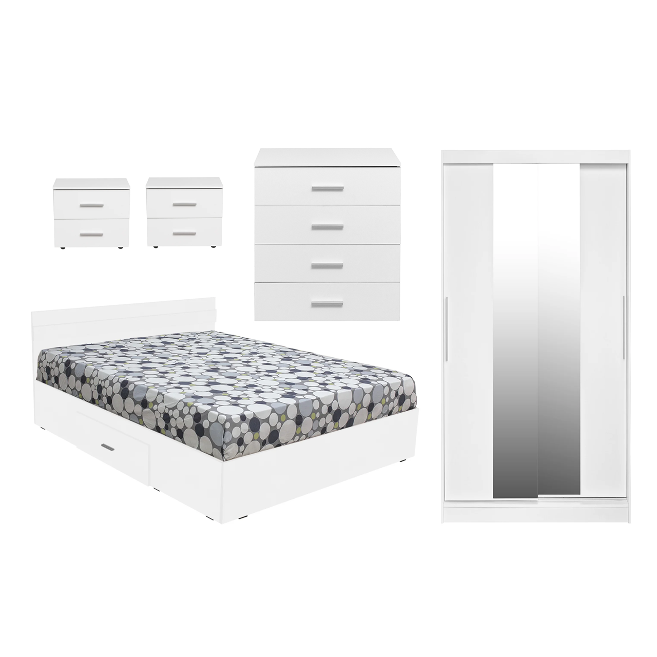 Dormitoare Albe - Set dormitor ALMA, 5 piese, pat 160x200 cm, dulap usi glisante cu oglinda, comoda, 2 noptiere, alb