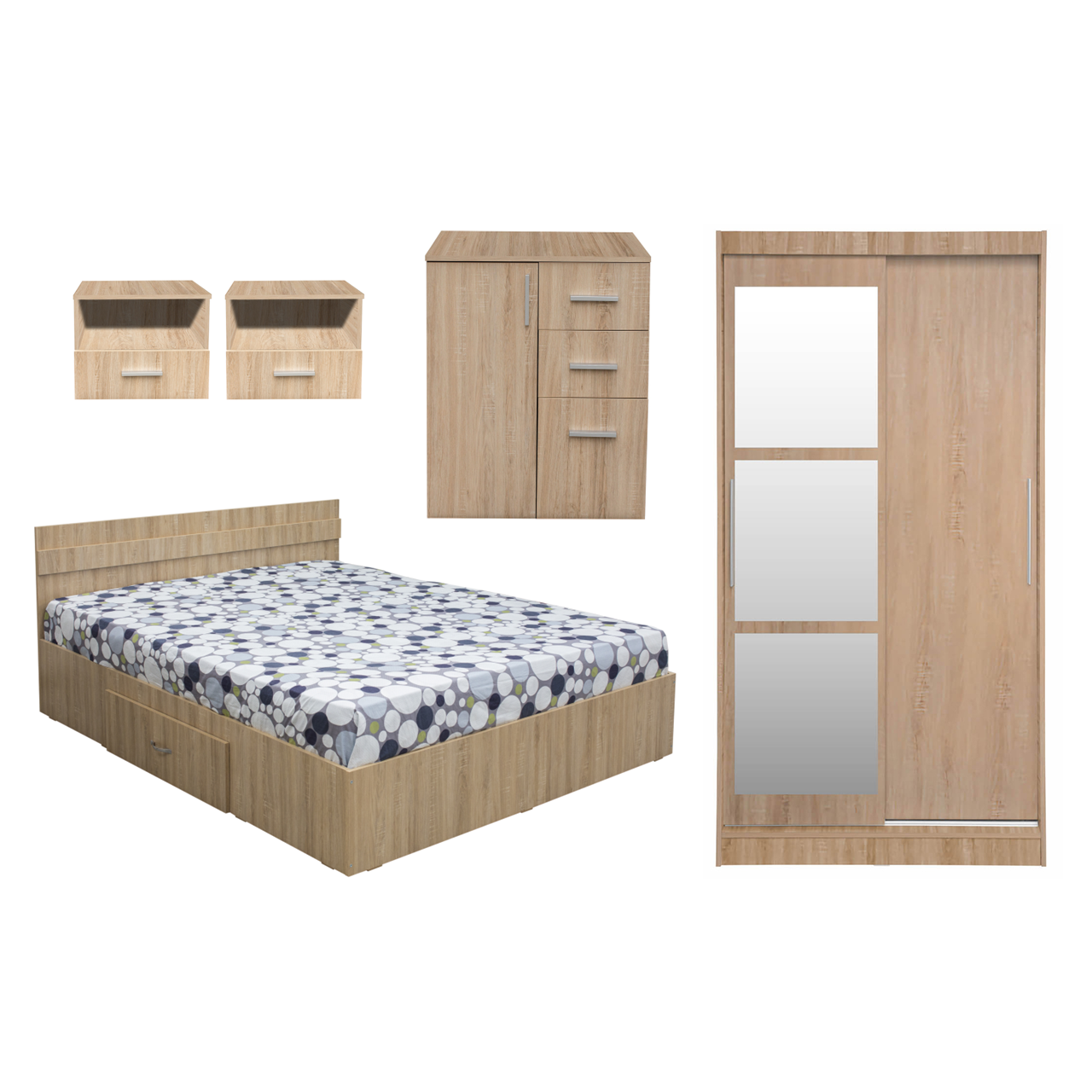 Dormitoare - Set dormitor ALMA, 5 piese, pat 160x200 cm, dulap usi glisante cu oglinda, comoda, 2 noptiere, sonoma