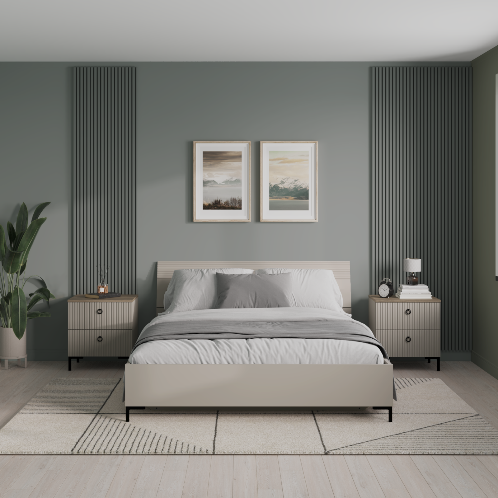 Dormitoare Clasice - Set dormitor DOMINICA, 3 piese, pat cu somiera rabatabila 160x200 cm, 2 noptiere, taupe + stejar silverjack