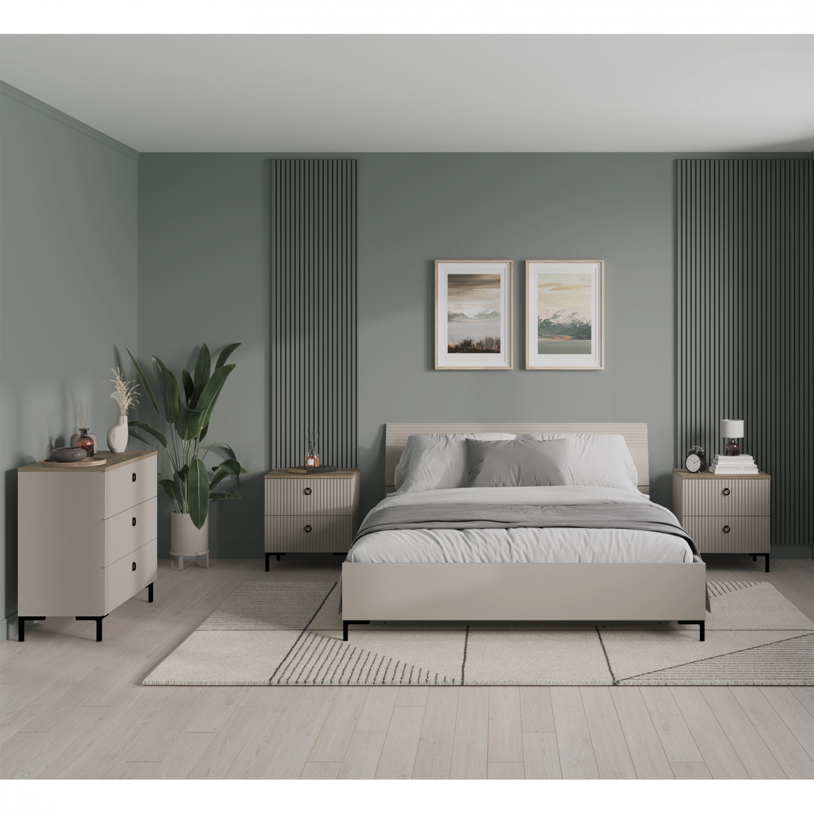 Dormitoare Clasice - Set dormitor DOMINICA, 4 piese, pat cu somiera rabatabila 160x200 cm, comoda, 2 noptiere, taupe + stejar silverjack