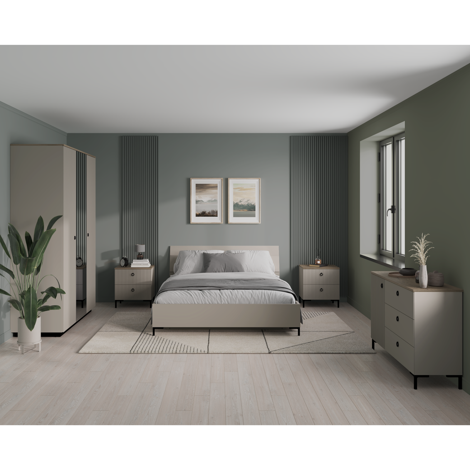 Dormitoare Clasice - Set dormitor DOMINICA, 5 piese, pat cu somiera rabatabila 160x200 cm, dulap 3 usi cu oglinda, comoda, 2 noptiere, taupe + stejar silverjack