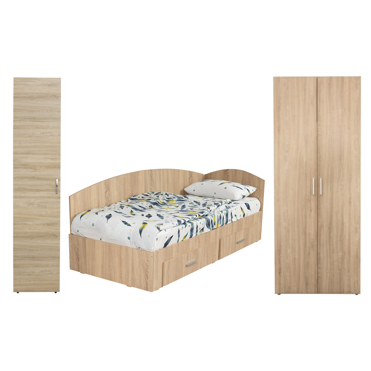 Camere de tineret - Set dormitor modular ALMA, 3 piese, pat de colt 120x200 cm, colt interschimbabil, dulap 2 usi, dulap 1 usa, sonoma deschis