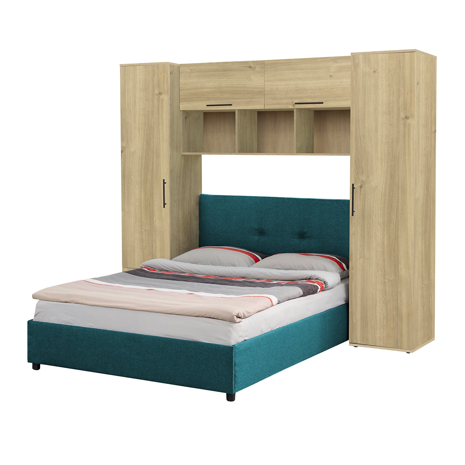 Camere de tineret - Set dormitor tineret YASMIN M1, 3 corpuri, stejar Belfast , 238x50x200 cm + Pat tapitat ECONO I, turcoaz, 140x200 cm