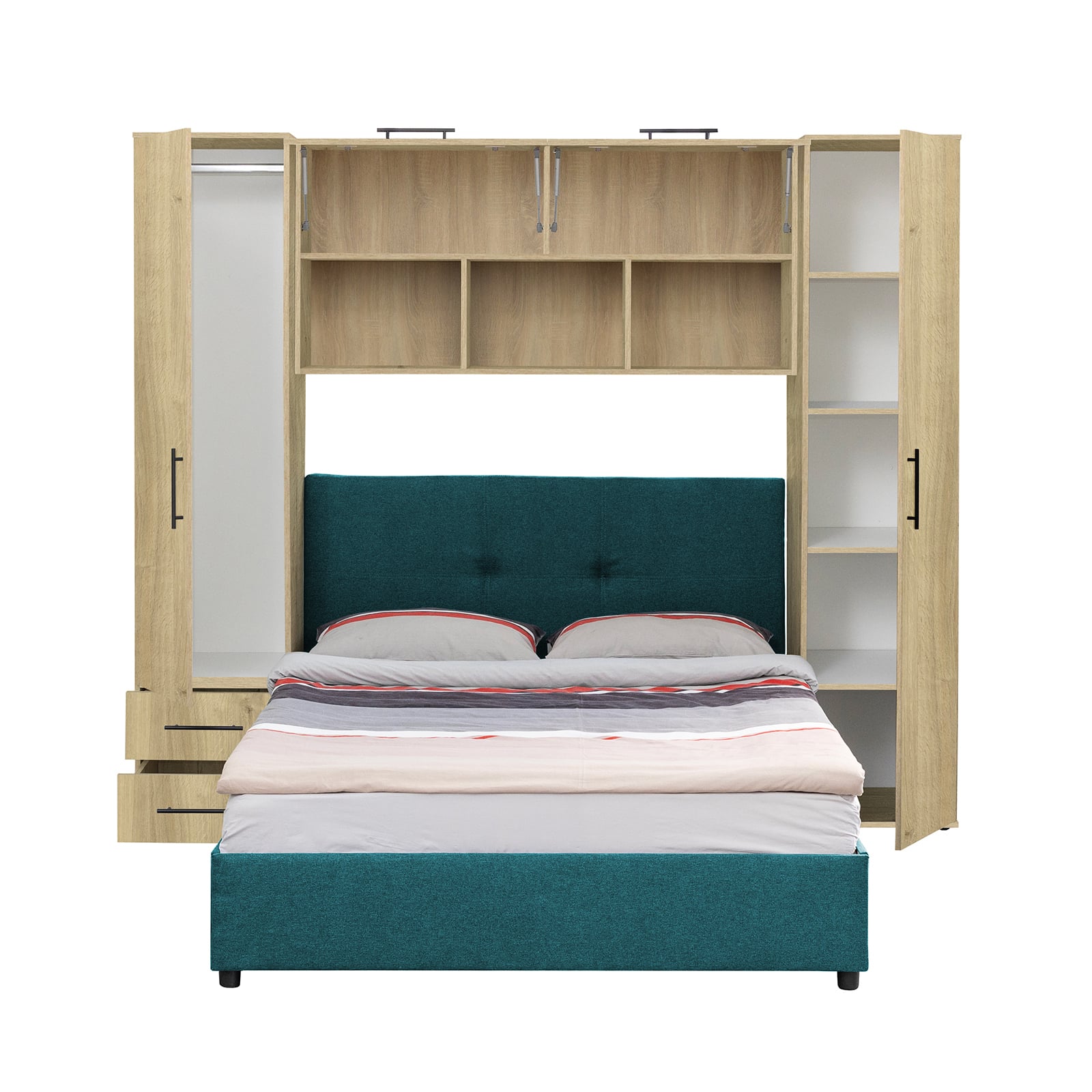 Camere de tineret - Set dormitor tineret YASMIN M1, 3 corpuri, stejar Belfast , 238x50x200 cm + Pat tapitat ECONO I, turcoaz, 140x200 cm