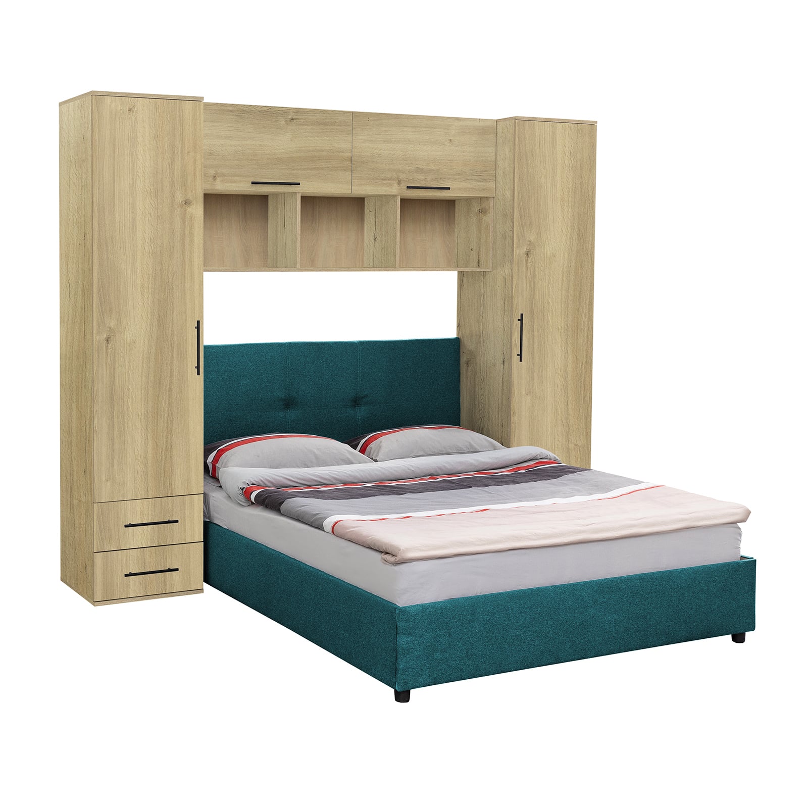 Camere de tineret - Set dormitor tineret YASMIN M1, 3 corpuri, stejar Belfast , 238x50x200 cm + Pat tapitat ECONO I, turcoaz, 140x200 cm