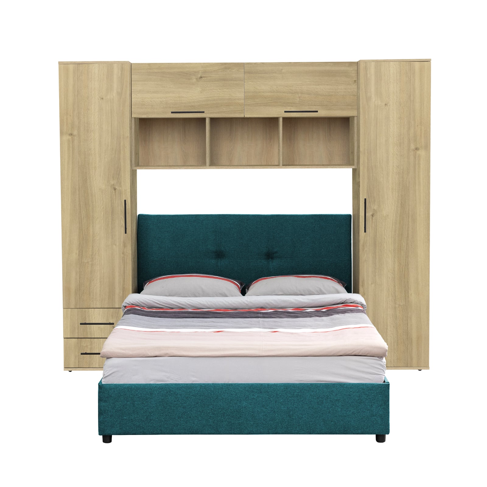 Camere de tineret - Set dormitor tineret YASMIN M1, 3 corpuri, stejar Belfast , 238x50x200 cm + Pat tapitat ECONO I, turcoaz, 140x200 cm