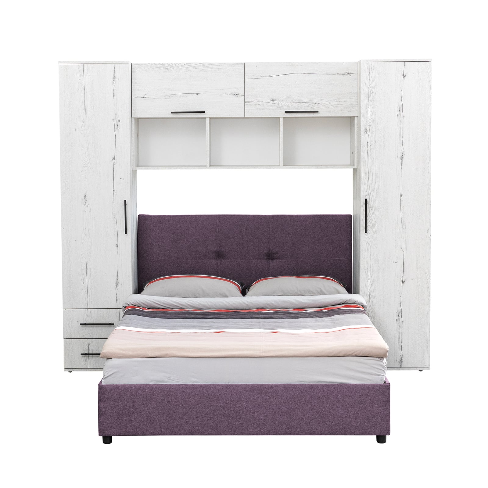 Camere de tineret - Set dormitor tineret YASMIN M1, 3 corpuri, alb Elvetia, 238x50x200 cm + Pat tapitat ECONO I, mov deschis, 140x200 cm