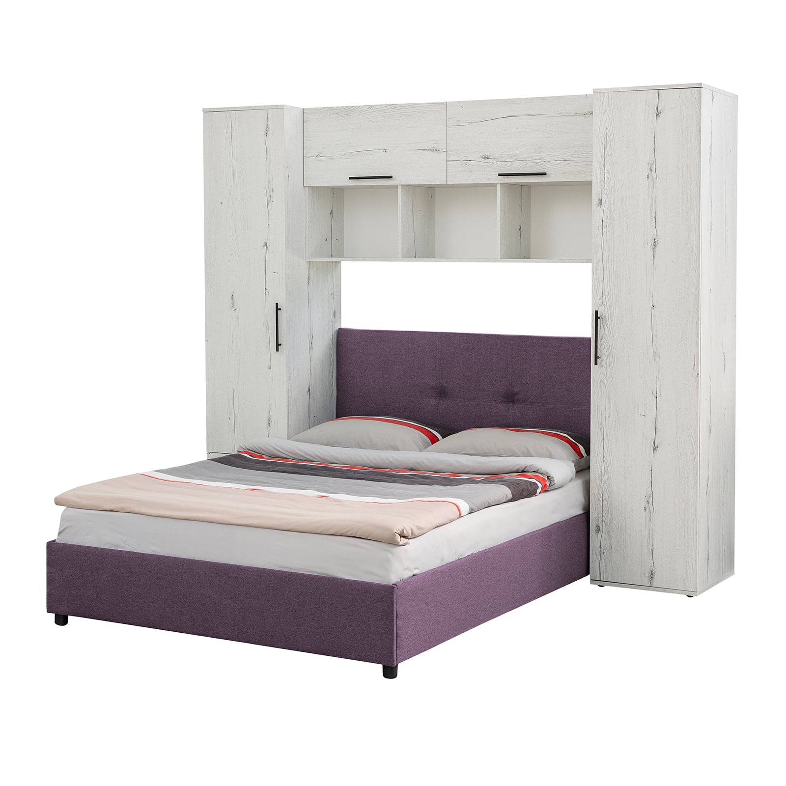 Camere de tineret - Set dormitor tineret YASMIN M1, 3 corpuri, alb Elvetia, 238x50x200 cm + Pat tapitat ECONO I, mov deschis, 140x200 cm