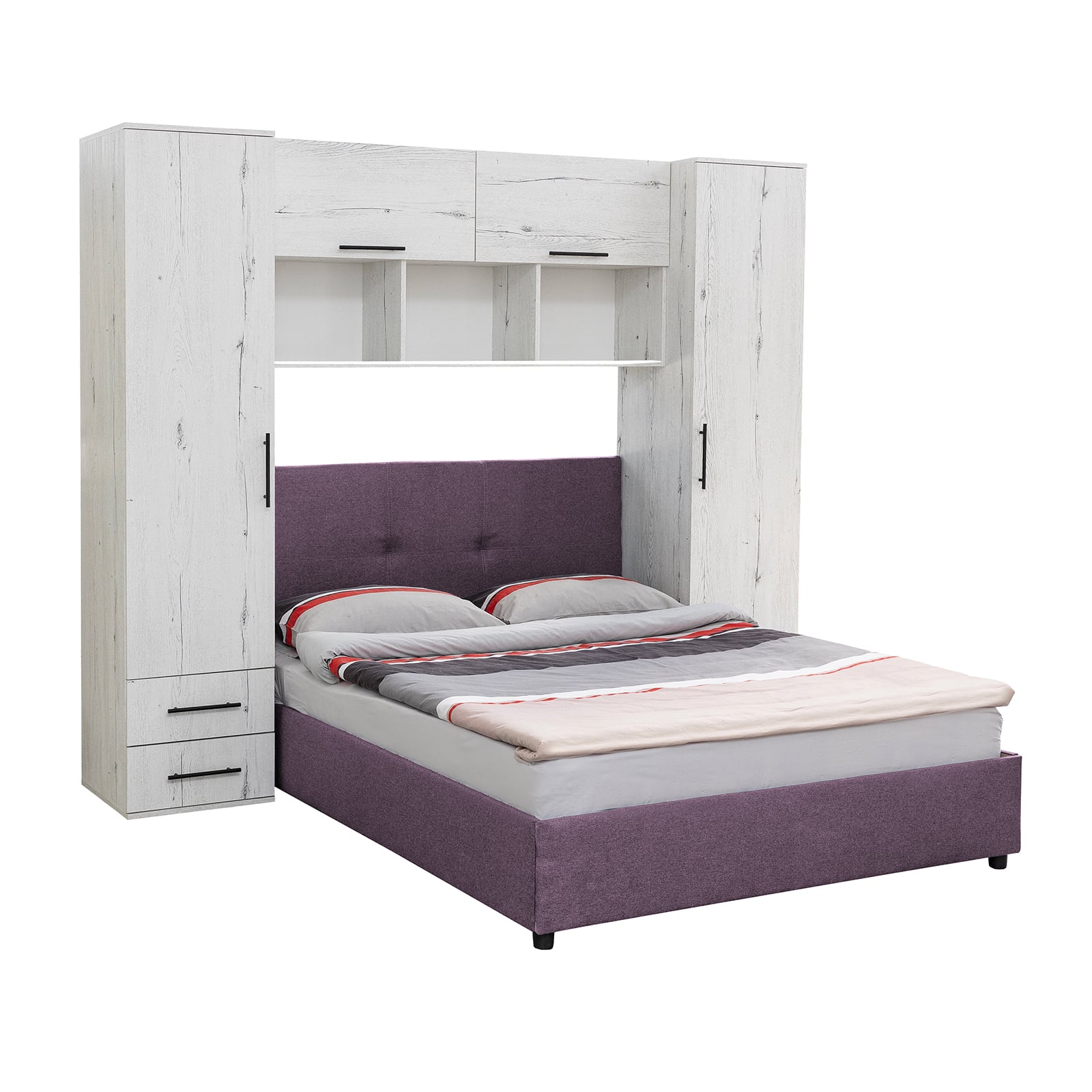 Camere de tineret - Set dormitor tineret YASMIN M1, 3 corpuri, alb Elvetia, 238x50x200 cm + Pat tapitat ECONO I, mov deschis, 140x200 cm