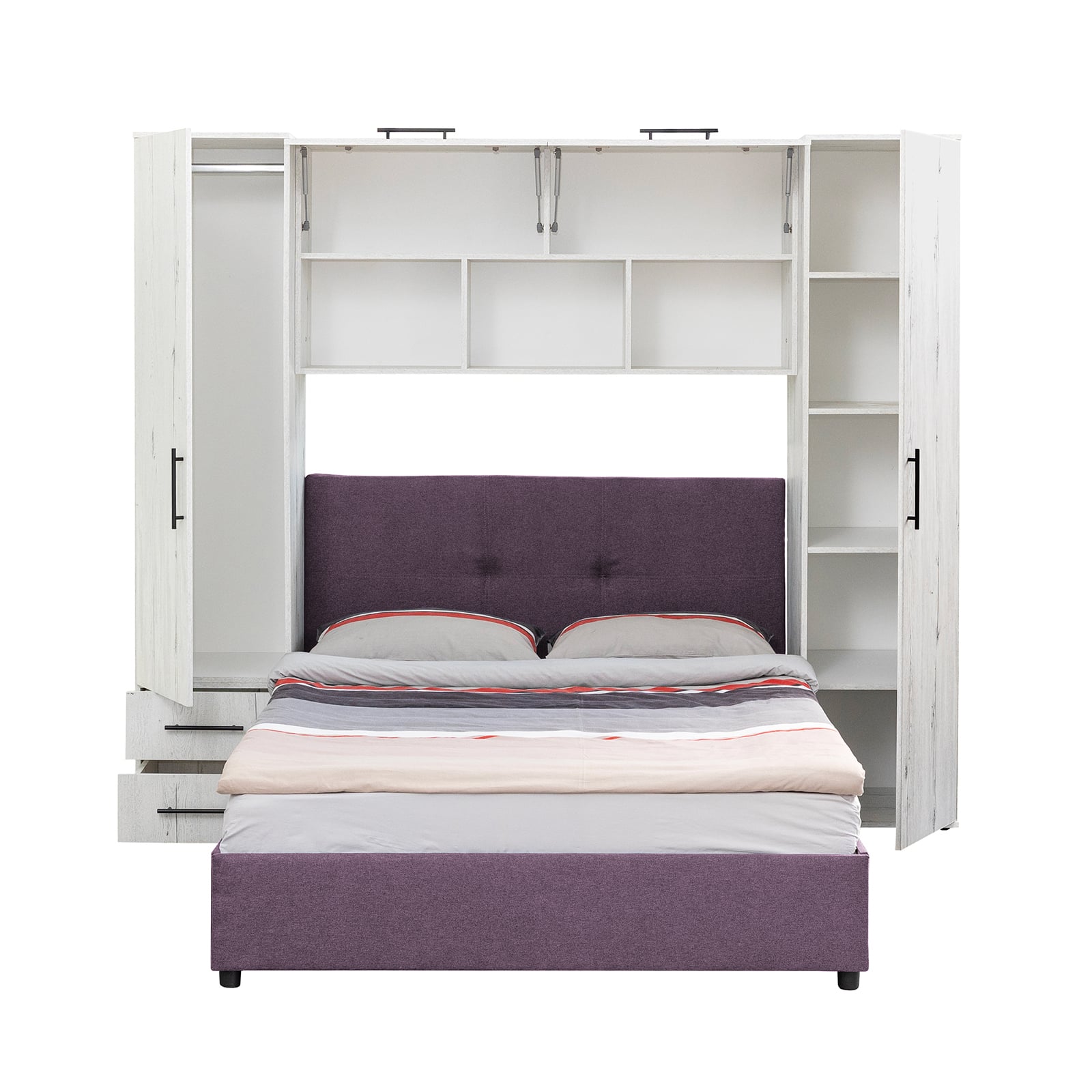 Camere de tineret - Set dormitor tineret YASMIN M1, 3 corpuri, alb Elvetia, 238x50x200 cm + Pat tapitat ECONO I, mov deschis, 140x200 cm