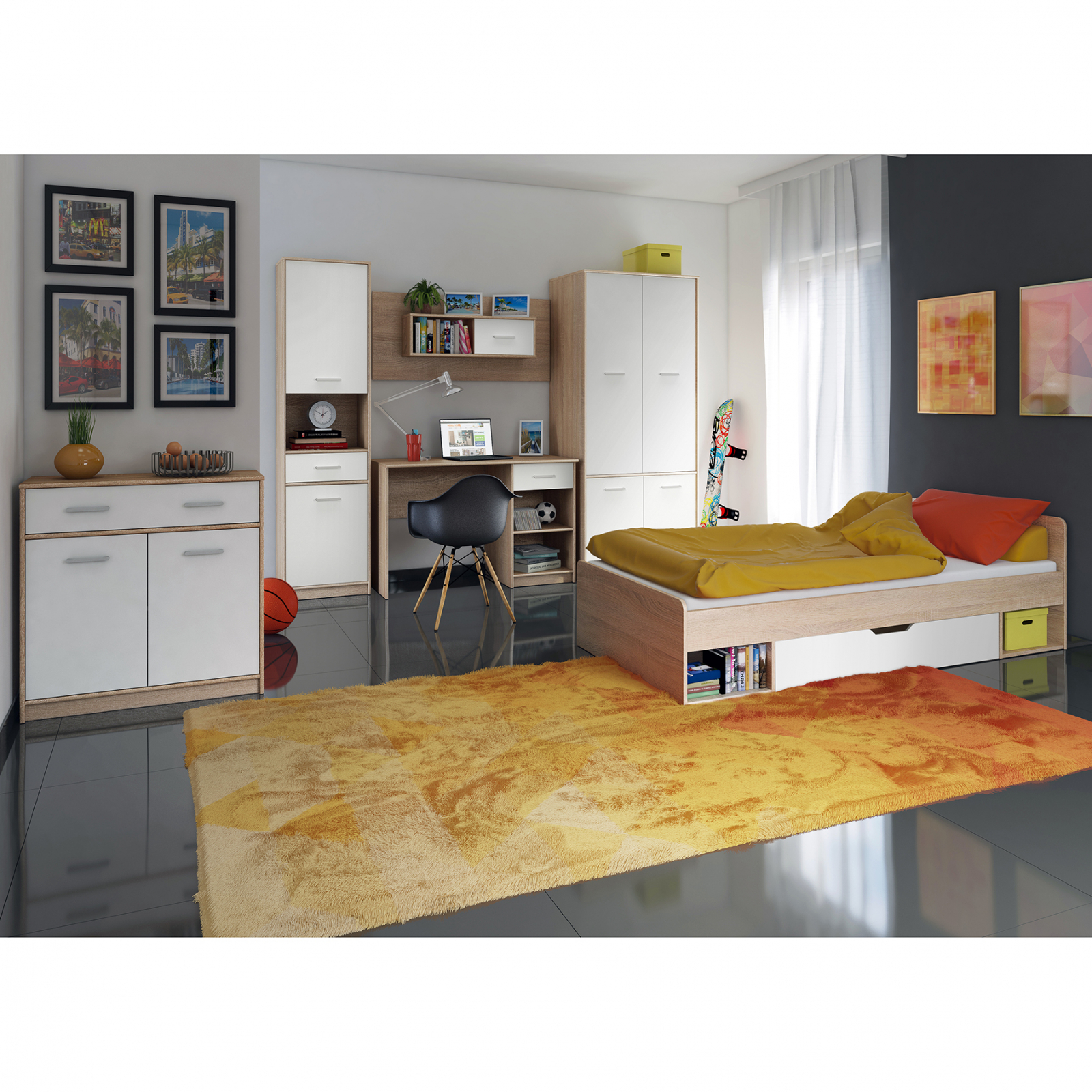 Colectia TIPS - Set dormitor TIPS, 6 piese, pat 90x200 cm, dulap 4 usi, biblioteca, birou, comoda, raft, stejar sonoma + alb