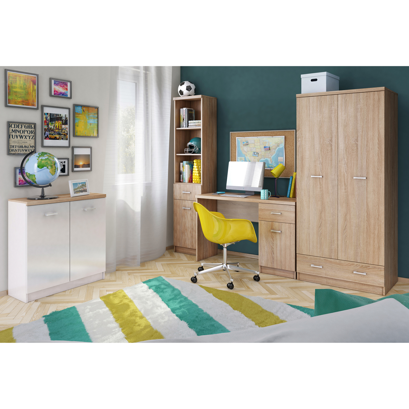 Camere de tineret - Set birou TOP MIX, 4 piese, dulap 2 usi, birou, biblioteca, comoda, stejar sonoma + alb