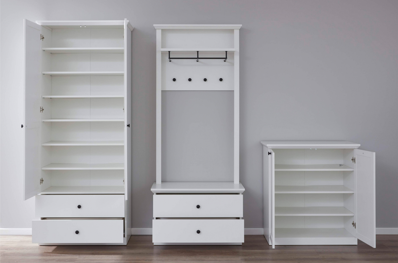 Holuri - Set hol BRANDSON, 4 piese, dulap 2 usi, 2 comode, cuier, alb, 243x41x199 cm