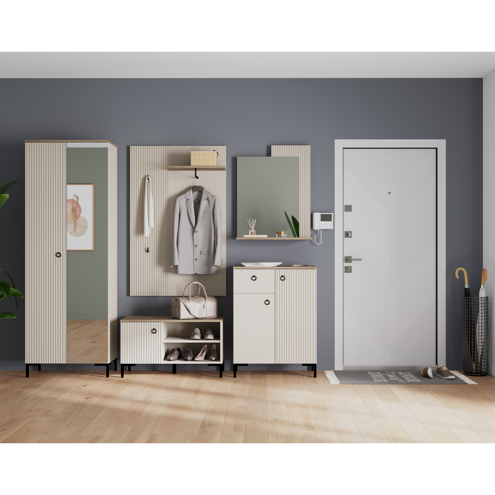 Holuri - Set hol DOMINICA, 5 piese, dulap 2 usi cu oglinda, comoda, pantofar, cuier, oglinda, taupe + stejar silverjack, 225x41x199 cm