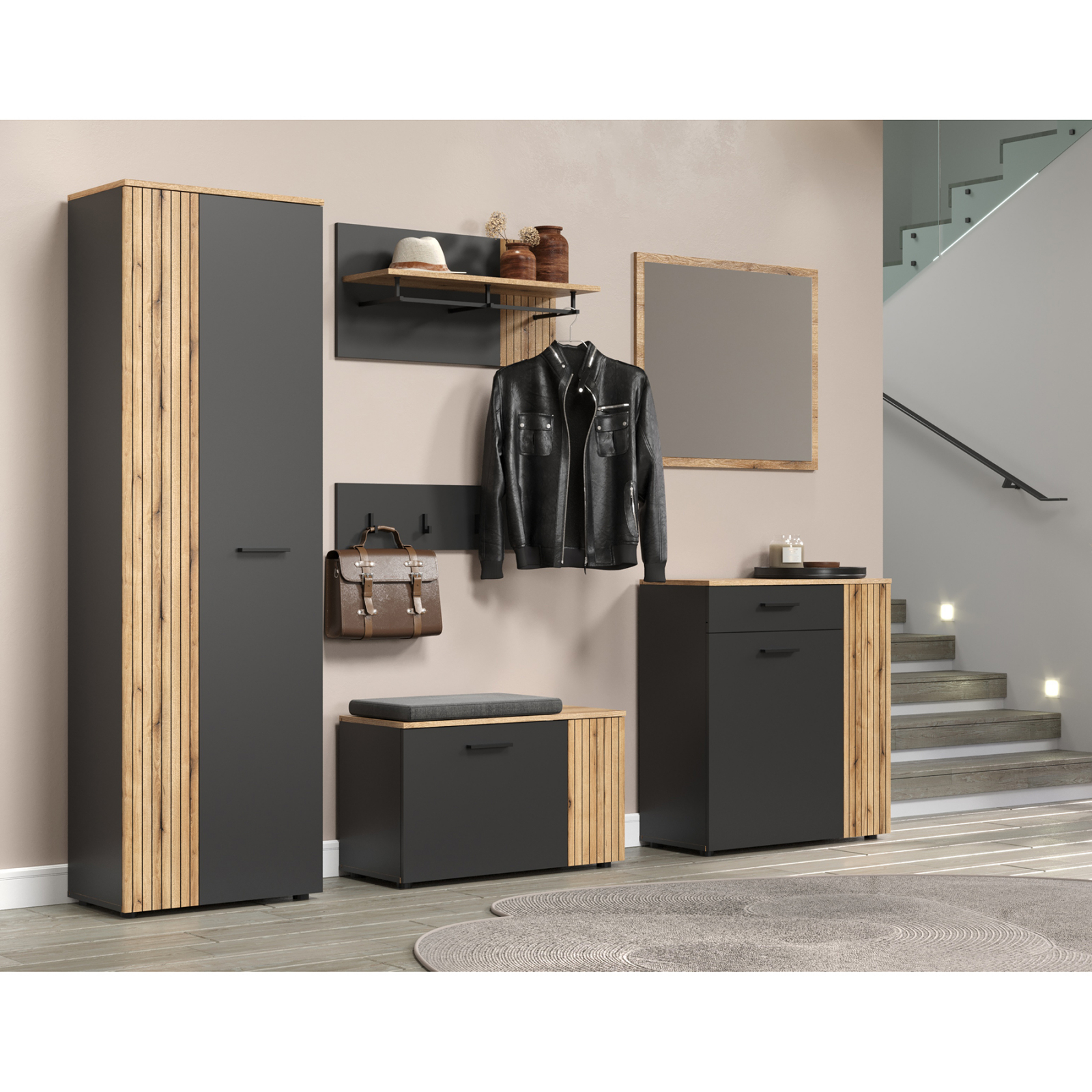 Colectia ESTEBAN - Set hol ESTEBAN, 6 piese, dulap 2 usi, pantofar, cuier cu un raft, cuier, comoda, oglinda, grafit + stejar evok, 220x36x195 cm