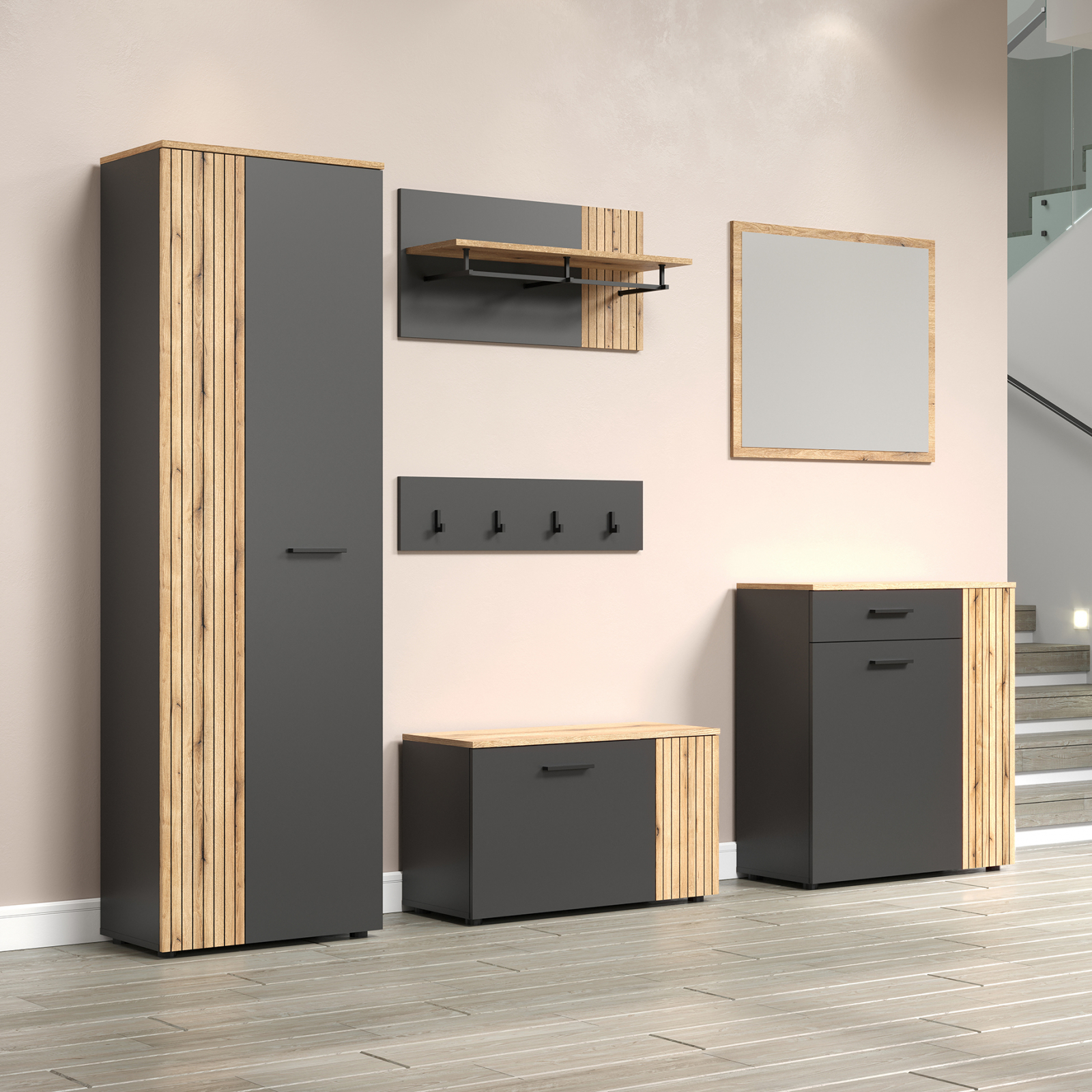 Colectia ESTEBAN - Set hol ESTEBAN, 6 piese, dulap 2 usi, pantofar, cuier cu un raft, cuier, comoda, oglinda, grafit + stejar evok, 220x36x195 cm