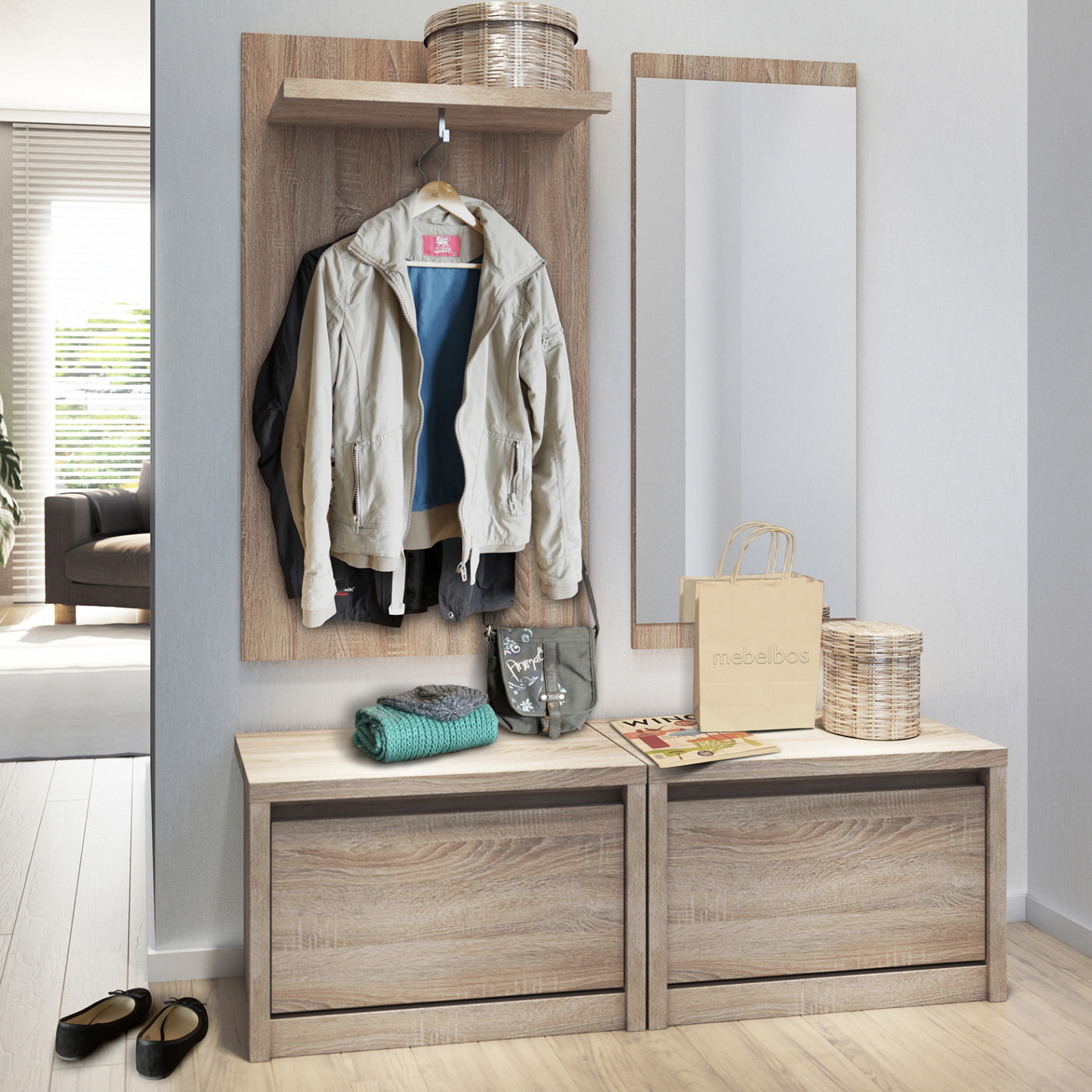 Holuri - Set hol NORTON, 4 piese, 2 pantofare, cuier, oglinda, stejar sonoma, 132x36x160 cm