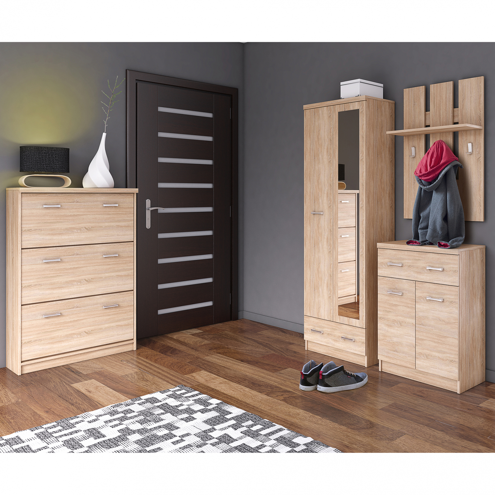 Colectia TOP MIX - Set hol TOP MIX, 4 piese,dulap 2 usi, comoda, pantofar, cuier, stejar sonoma, 200x33x183 cm