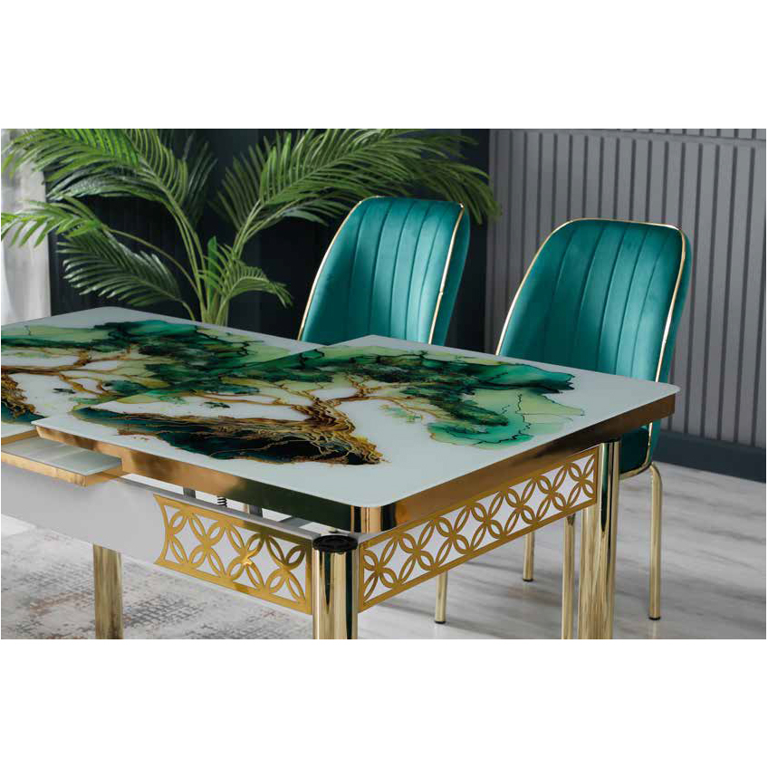 Mese Living - Set LION GOLD, masa extensibila cu 6 scaune, dreptunghiulara, alb print verde + auriu + verde, 130/170x80x75 cm