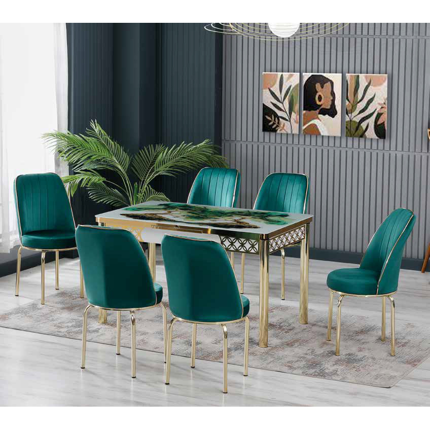 Mese Living - Set LION GOLD, masa extensibila cu 6 scaune, dreptunghiulara, alb print verde + auriu + verde, 130/170x80x75 cm