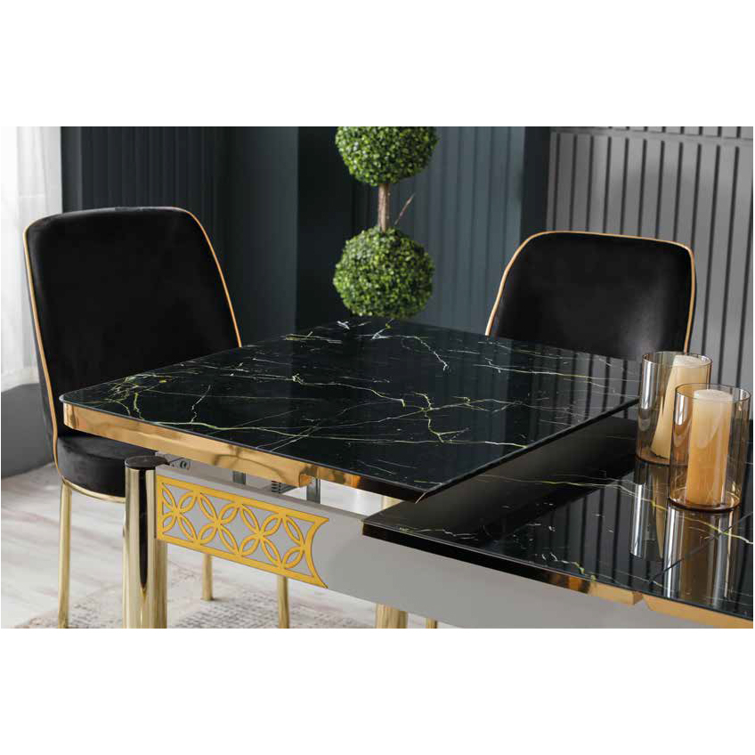 Mese Living - Set LION GOLD, masa extensibila cu 6 scaune, dreptunghiulara, marmura negru + auriu + negru, 130/170x80x75 cm