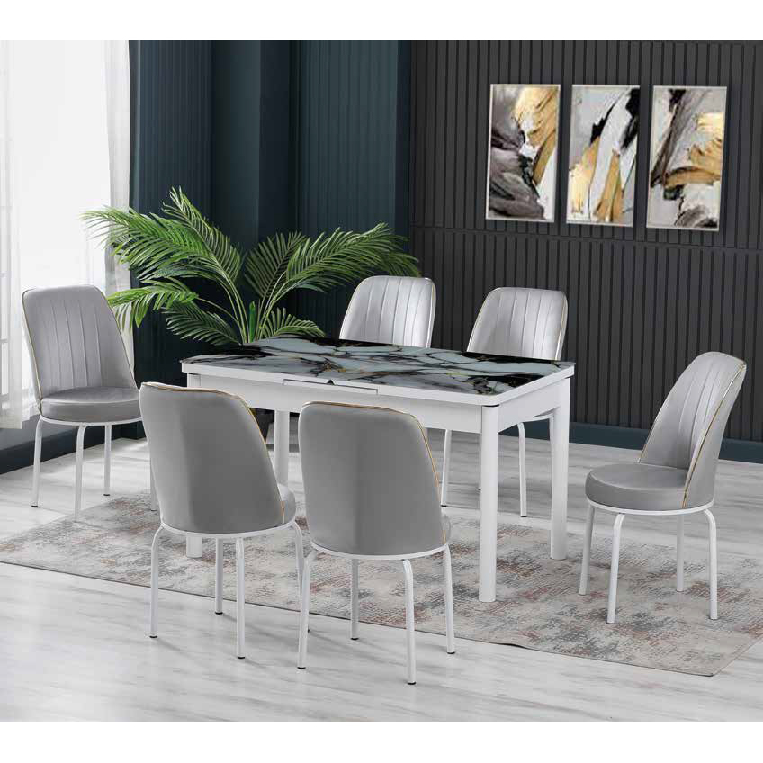 Mese Living - Set LION SILVER, masa extensibila cu 6 scaune, dreptunghiulara, marmura + alb + gri, 130/170x80x75 cm
