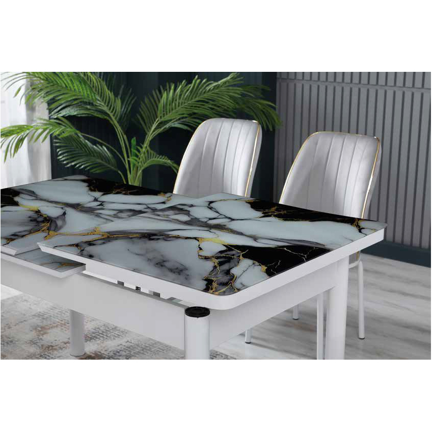 Mese Living - Set LION SILVER, masa extensibila cu 6 scaune, dreptunghiulara, marmura + alb + gri, 130/170x80x75 cm