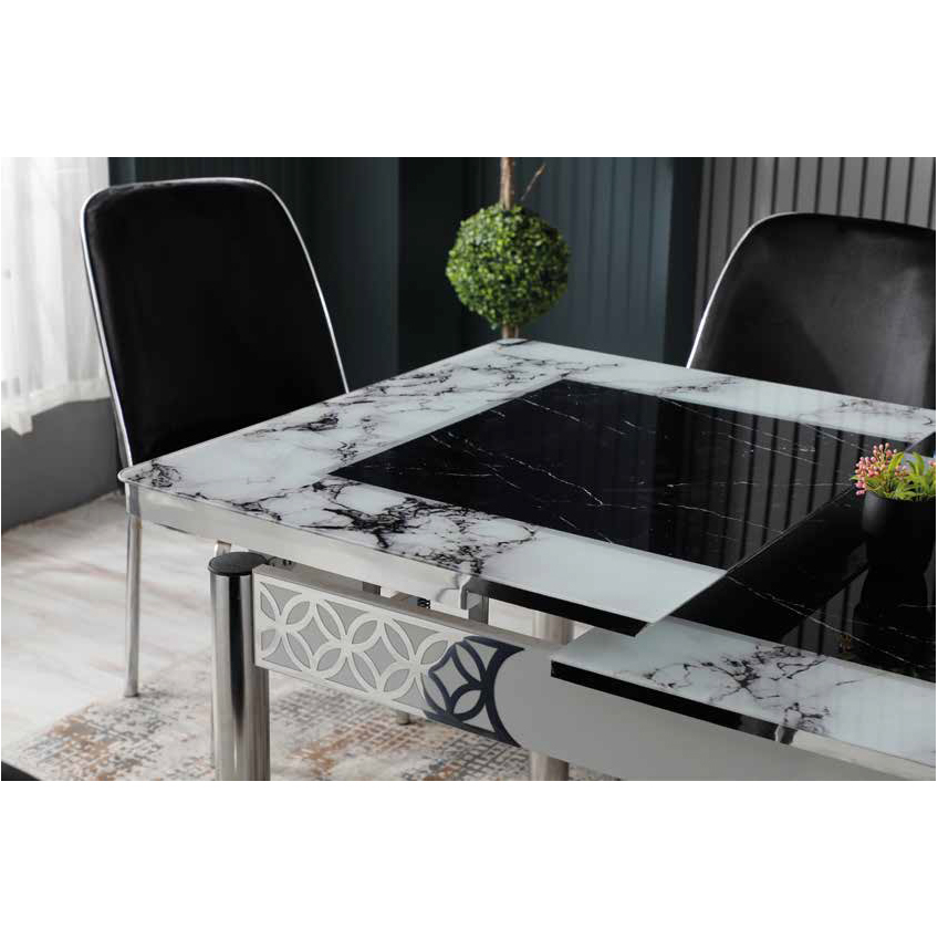 Mese Living - Set LION SILVER, masa extensibila cu 6 scaune, dreptunghiulara, marmura + argintiu + negru, 130/170x80x75 cm