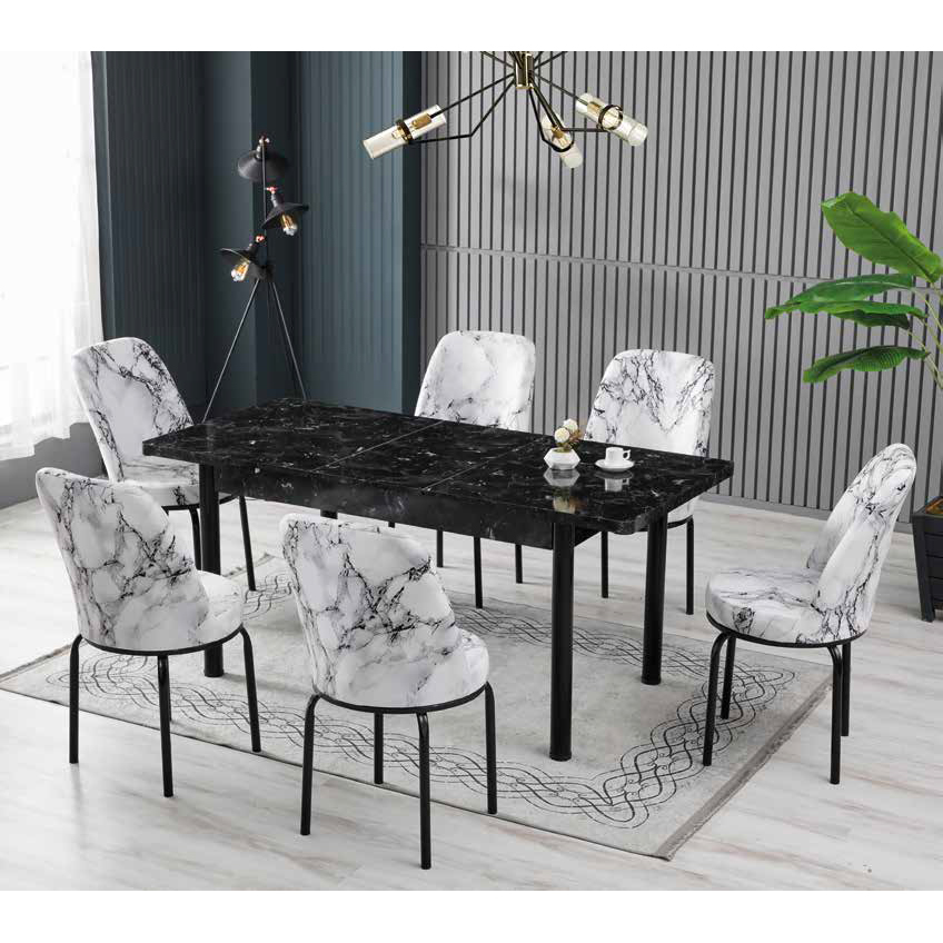 Mese Living - Set LION WOOD, masa extensibila cu 6 scaune, dreptunghiulara, marmura negru + alb, 130/170x80x75 cm