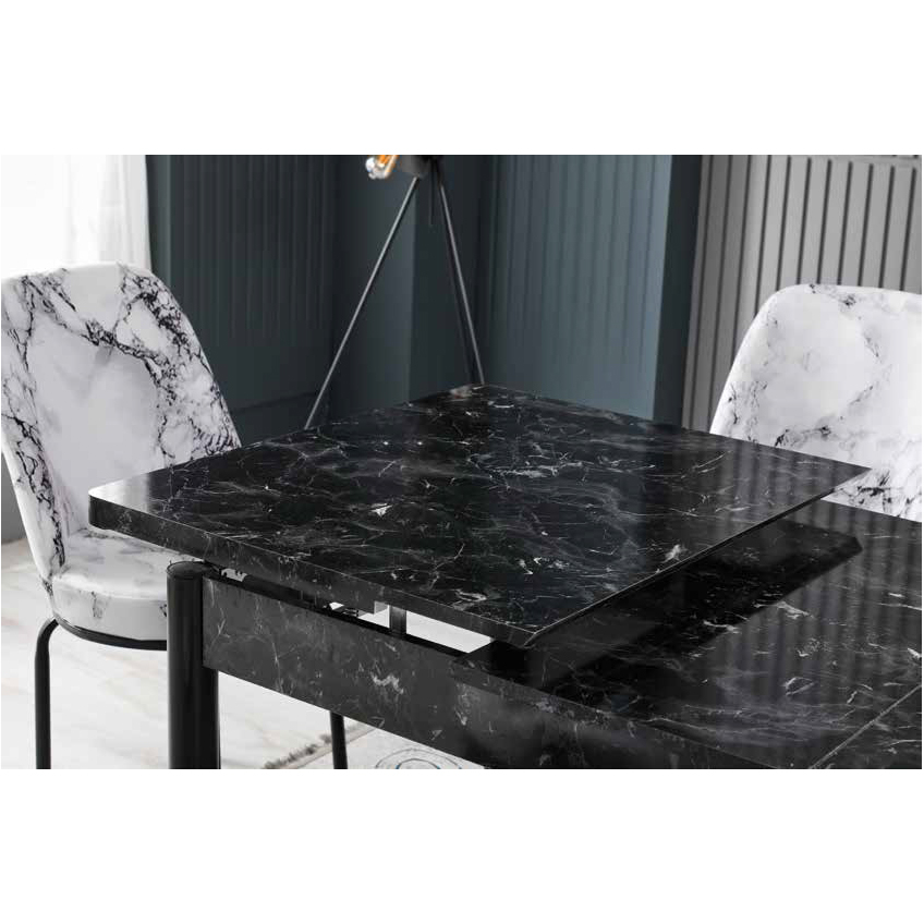 Mese Living - Set LION WOOD, masa extensibila cu 6 scaune, dreptunghiulara, marmura negru + alb, 130/170x80x75 cm