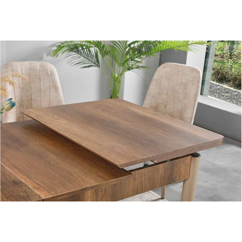 Mese Living - Set LION WOOD, masa extensibila cu 6 scaune, dreptunghiulara, maro + bej, 130/170x80x75 cm