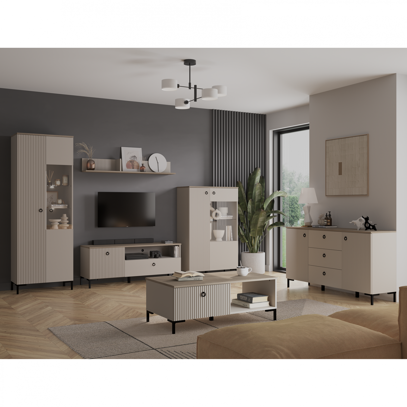 Livinguri - Set Living DOMINICA, 6 piese, 2 vitrine, comoda TV, comoda, masuta de cafea, raft suspendat, taupe + stejar silverjack, 440x41x199 cm