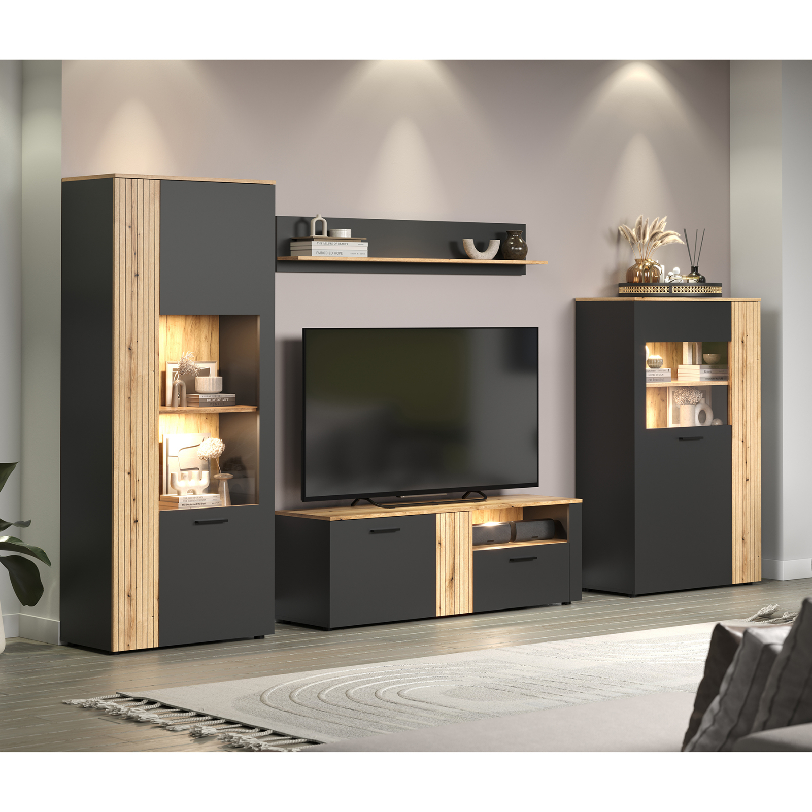 Colectia ESTEBAN - Set Living ESTEBAN, 4 piese, 2 vitrine, comoda TV, raft suspendat, grafit + stejar evok, 320x42x195 cm