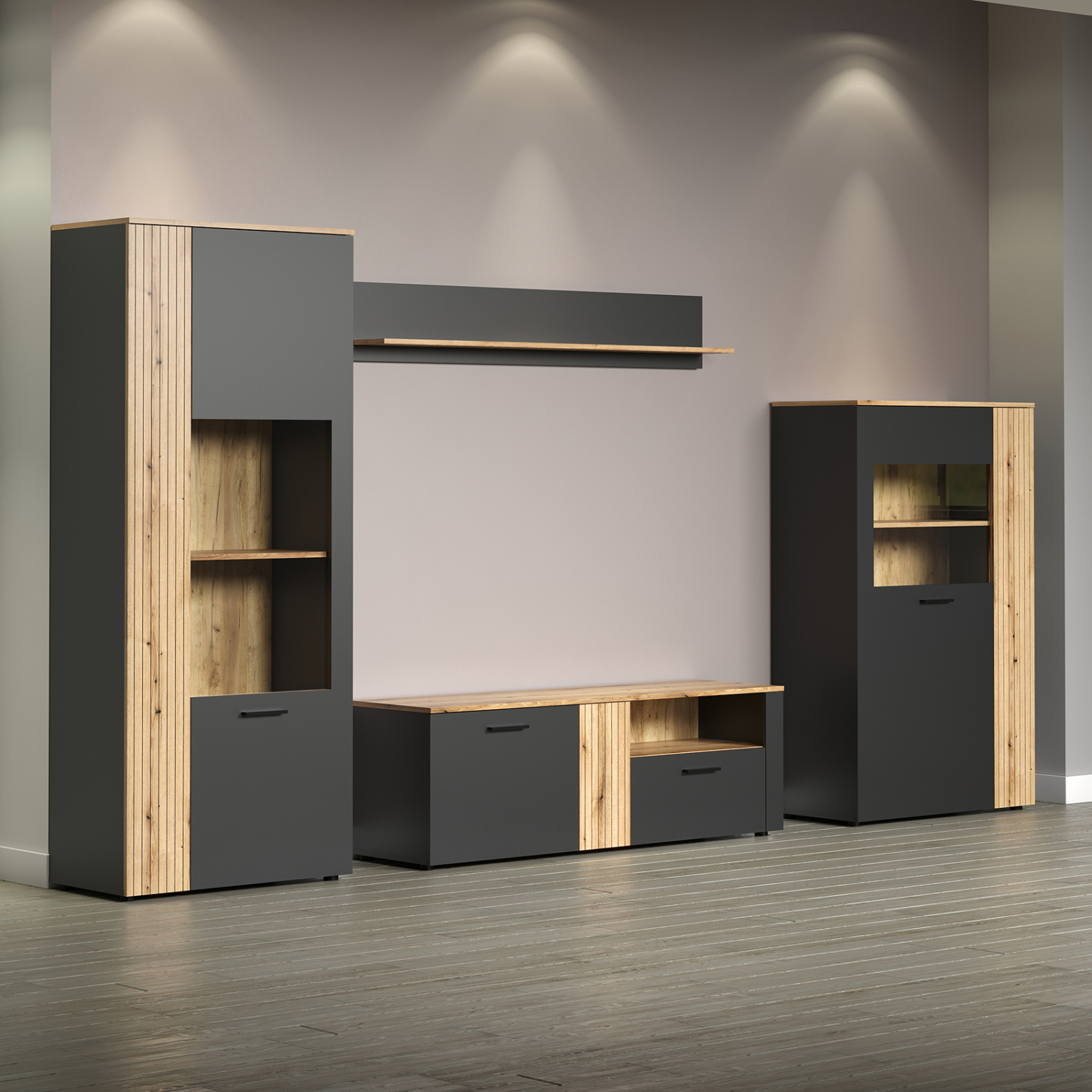 Colectia ESTEBAN - Set Living ESTEBAN, 4 piese, 2 vitrine, comoda TV, raft suspendat, grafit + stejar evok, 320x42x195 cm