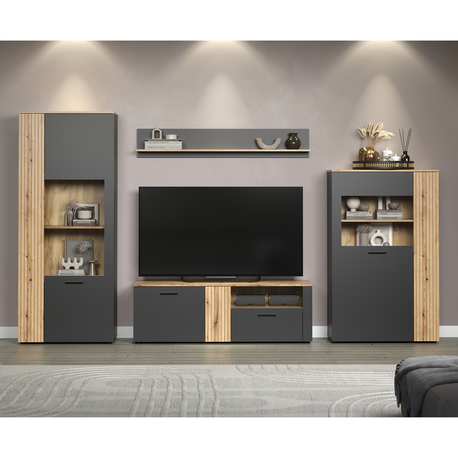 Colectia ESTEBAN - Set Living ESTEBAN, 4 piese, 2 vitrine, comoda TV, raft suspendat, grafit + stejar evok, 320x42x195 cm