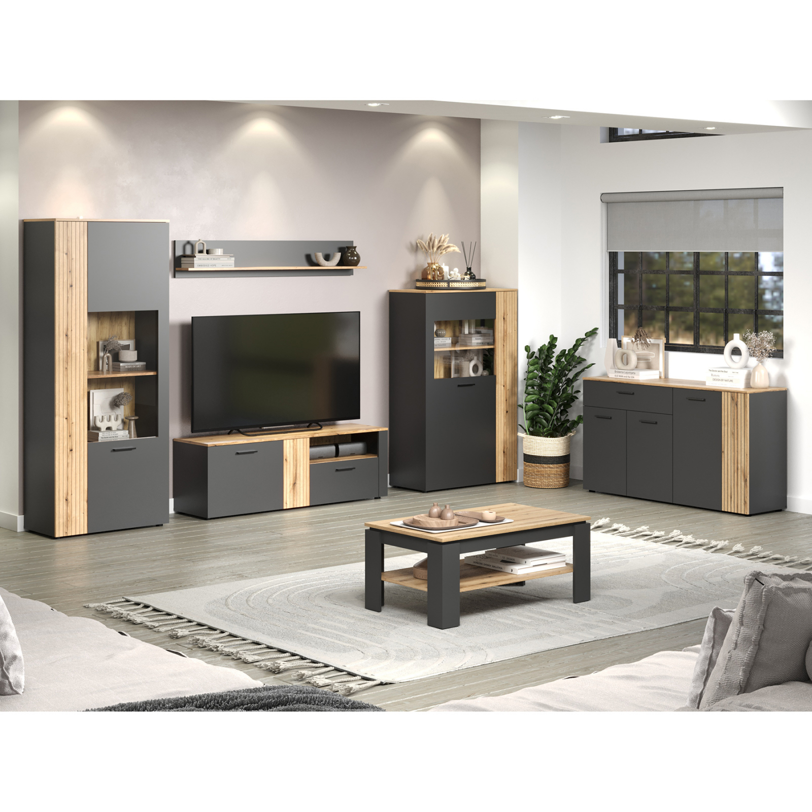 Colectia ESTEBAN - Set Living ESTEBAN, 6 piese, 2 vitrine, 2 comode, masuta, raft suspendat, grafit + stejar evok 320x42x195 cm