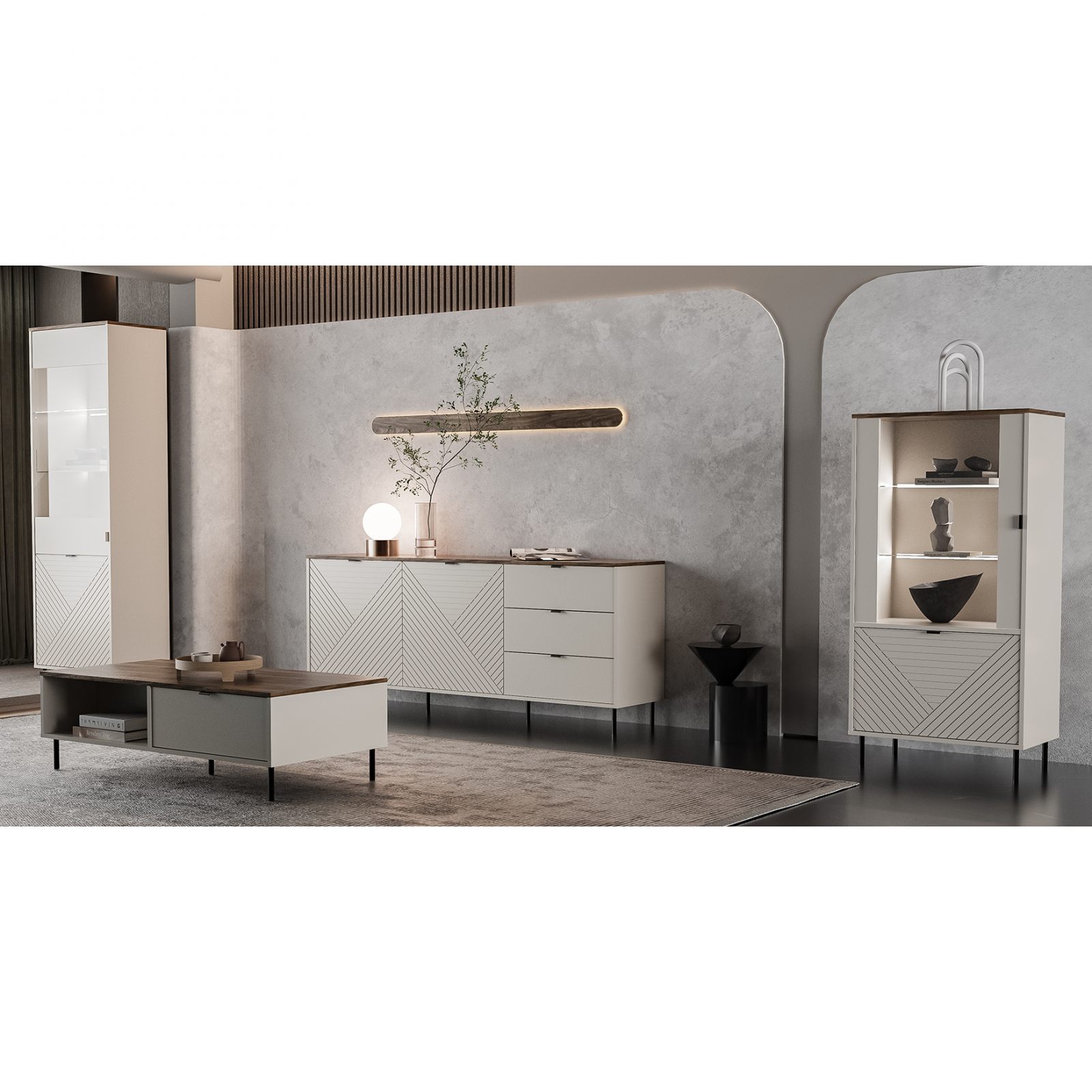 Colectia EVO - Set Living EVO, 4 piese, 2 vitrine, comoda, masuta cafea, casmir + stejar castello, 315x40x135 cm