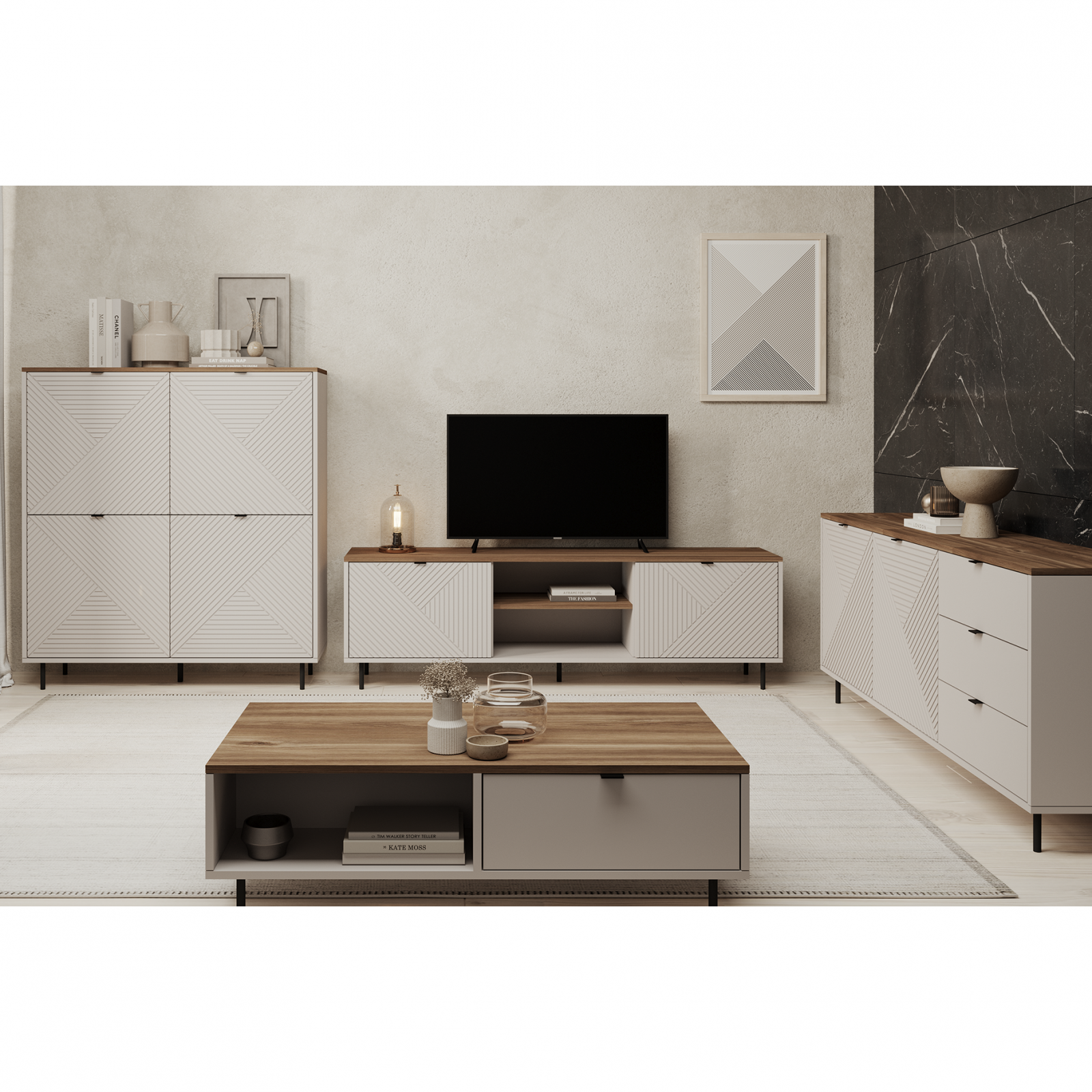 Colectia EVO - Set Living EVO, 4 piese, comoda TV, comoda, biblioteca, masuta cafea, casmir + stejar castello, 490,2x40x135,2 cm