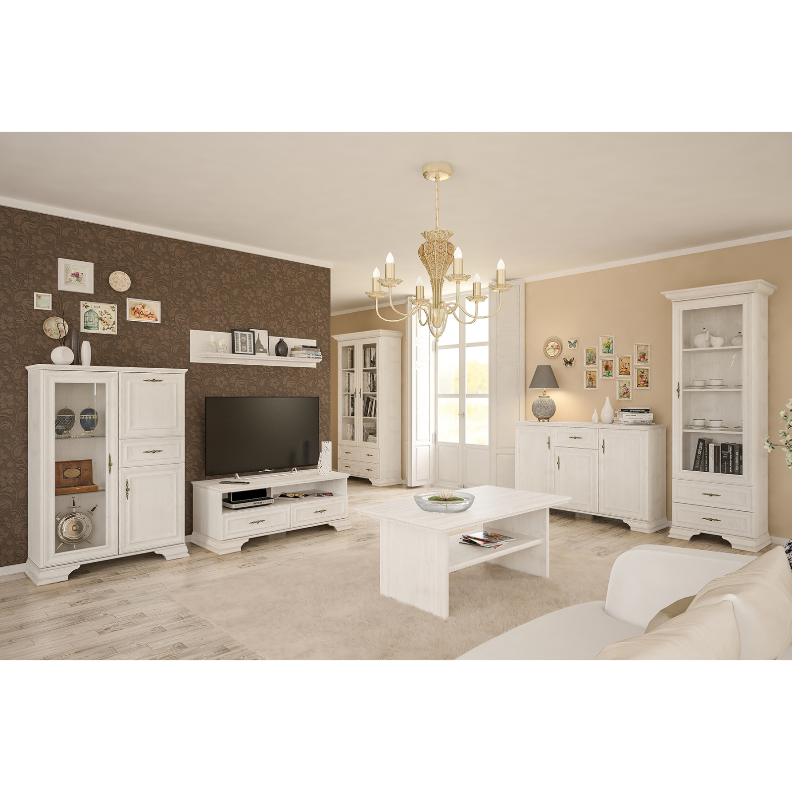 Livinguri - Set Living IRYS, 7 piese, 2 vitrine, 3 comode, masuta de cafea, raft suspendat, pin anderson