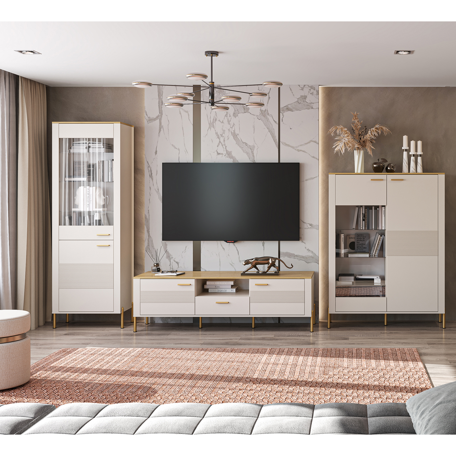 Colectia RUBEN - Set Living RUBEN, 3 piese, comoda TV, 2 vitrine, casmir + stejar piatra, 360x50x153 cm