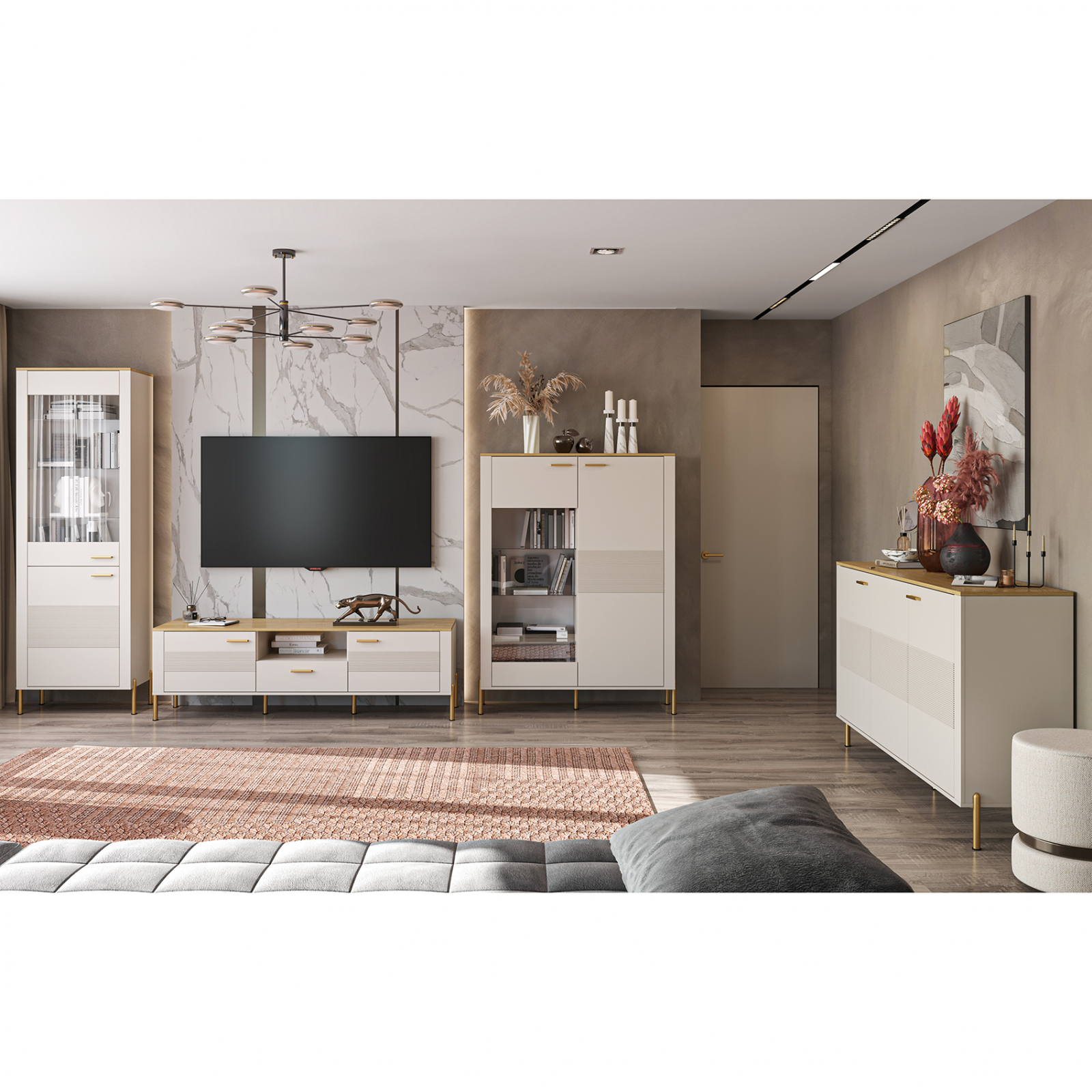 Colectia RUBEN - Set Living RUBEN, 4 piese, comoda TV, comoda, 2 vitrine, casmir + stejar piatra, 360x50x153 cm