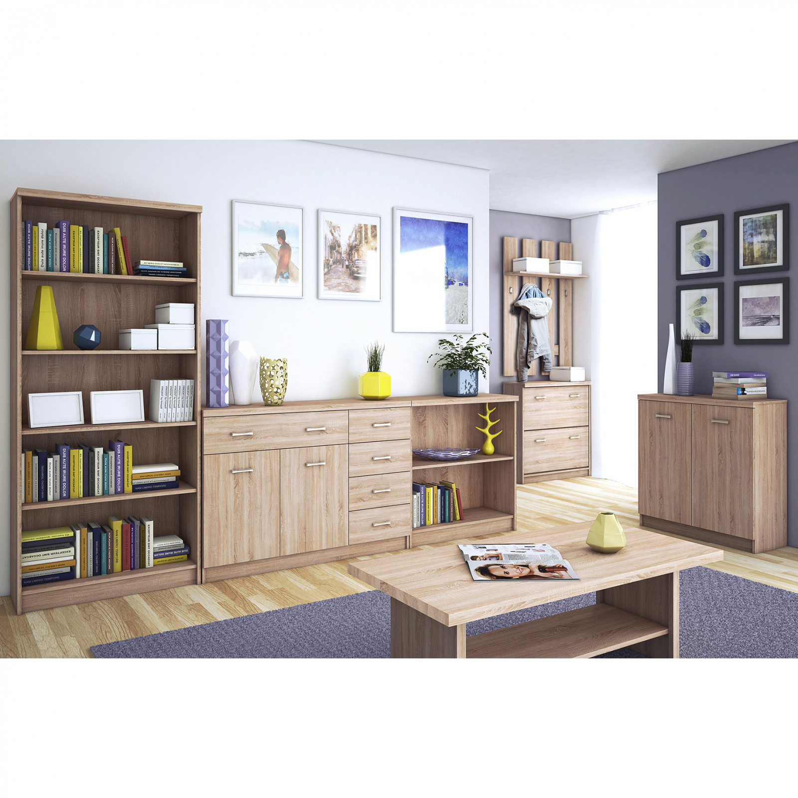 Livinguri - Set Living si hol TOP MIX, 7 piese, 2 biblioteci, 2 comode, masuta de cafea, pantofar, cuier, stejar sonoma